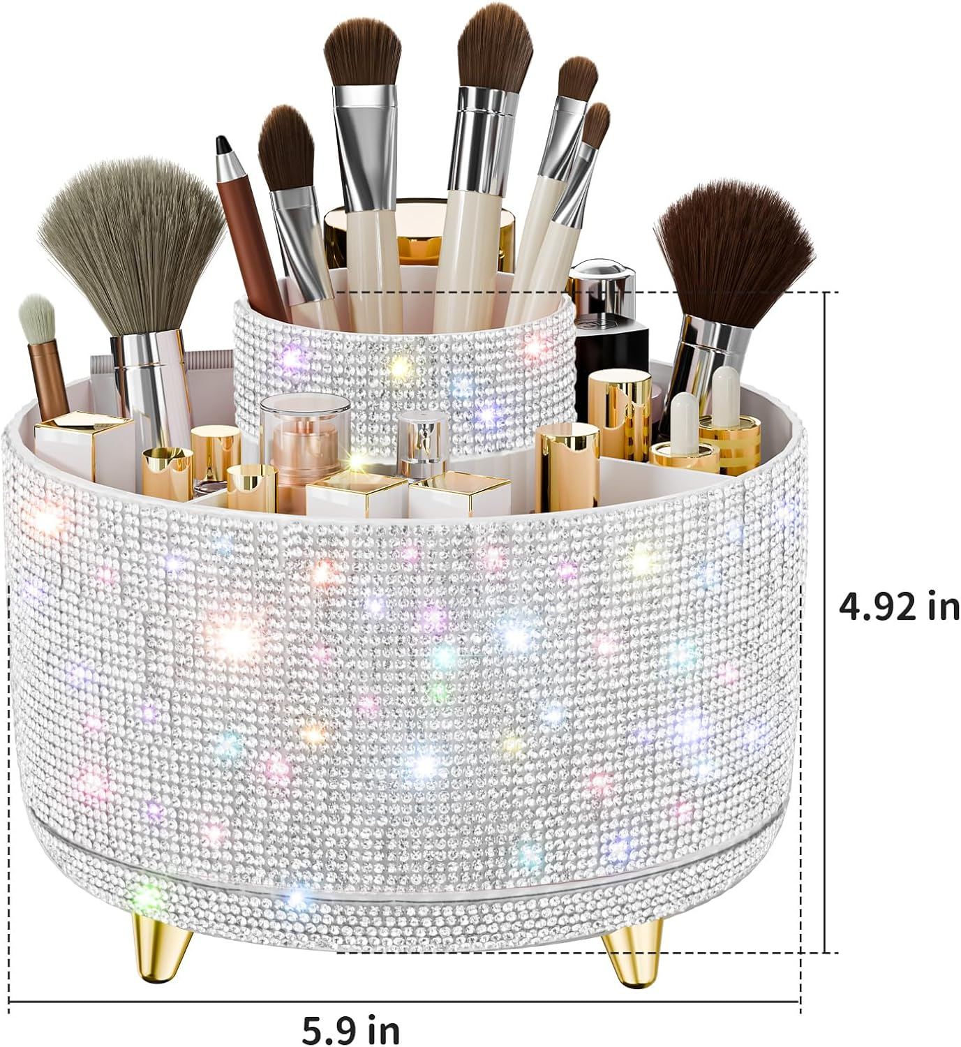 Fanado Bling Diamond Makeup Brush Holder, 360&deg; Rotating Makeup Organizer, 5 Slot Make up Brushes Cup for Countertop, Storage for Cosmetics Pen Eyeliner Skincare on the Vanity (Diamond White) - Diamond White Ab image number 3