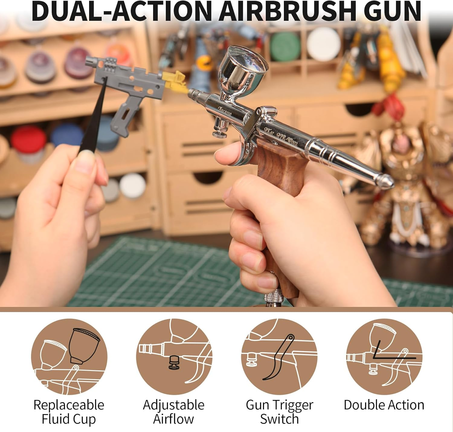 Bucasso Airbrush Guns for Painting, Double Action Trigger Airbrush Kit with 0.3Mm/0.5Mm/0.8Mm Needles/Nozzle Sets, Replaceable Fluid Cup, Airbrush Spray Set for Painting Nails Cake Tattoo (W002-W) - W001-B image number 5