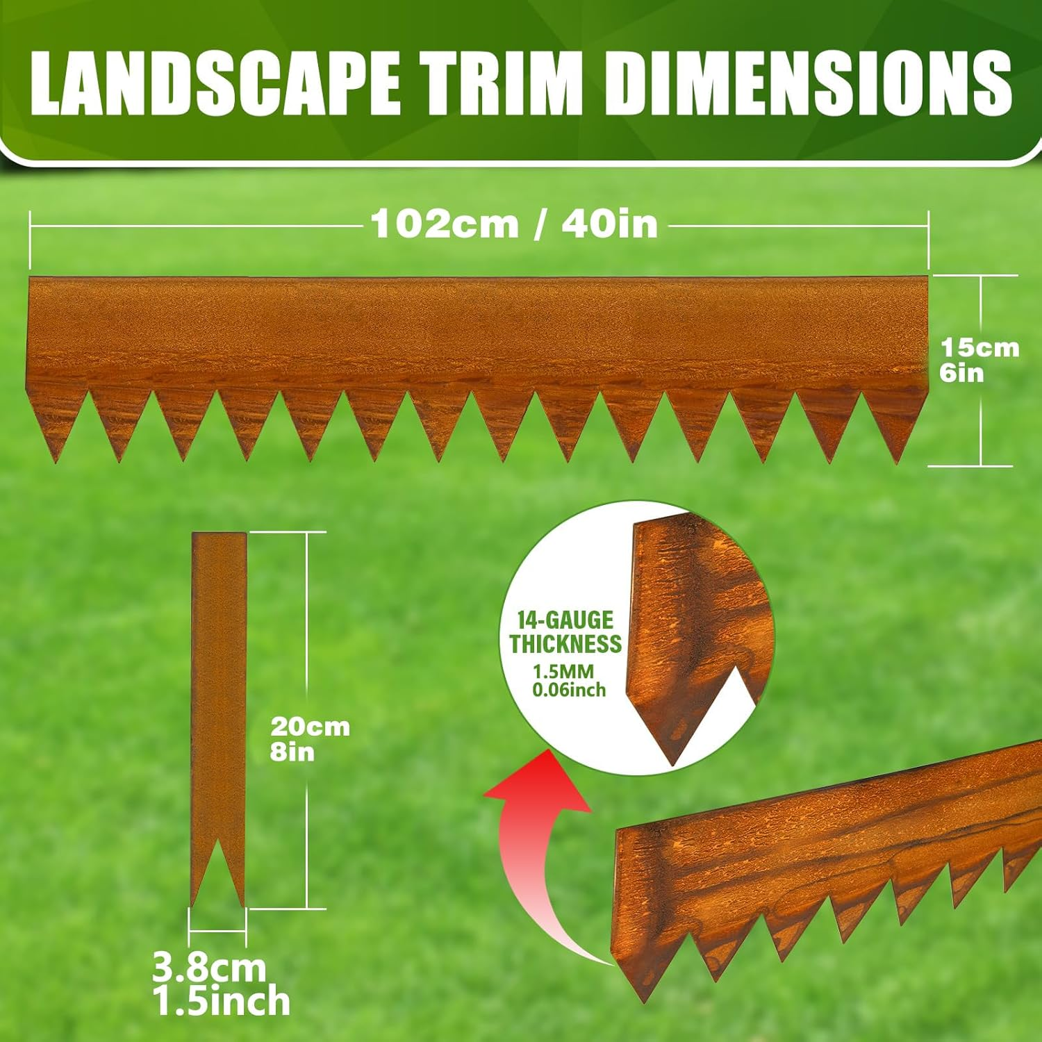 6M Landscape Edging, 15Cm/20Cm/25.4Cm Height Corten Steel Edging Steel Garden Bed Metal Border Edge Rusted Rustic Patina 100 Cm Strips for Yard Lawn Outdoor Flower Plant Vegetable - 20.4Cmheight image number 2