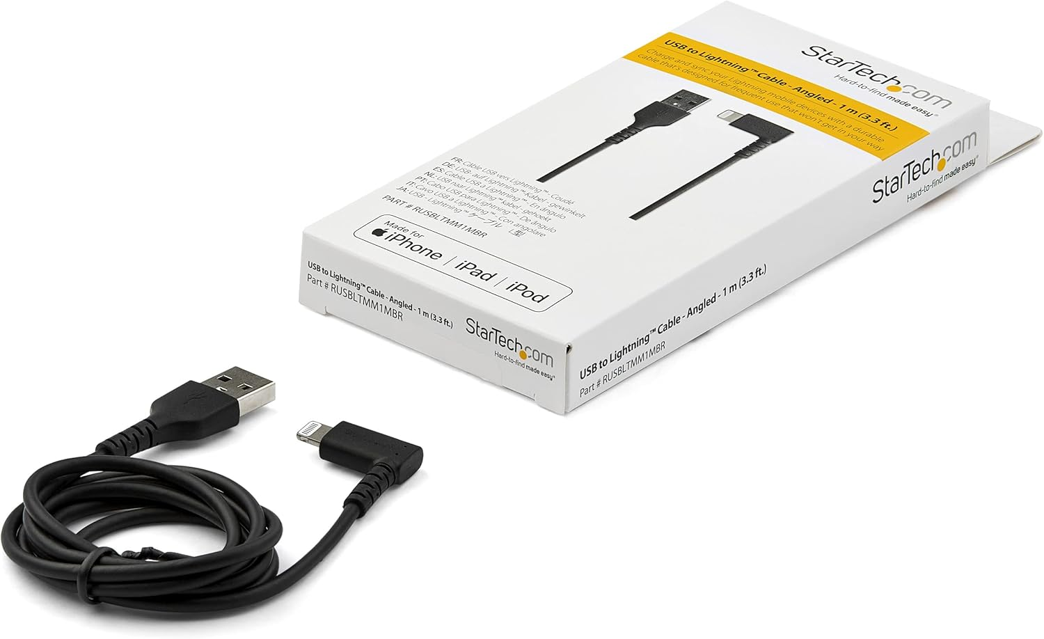Startech.Com RUSBLTMM1MBR Durable Angled USB-A to Lightning Cable, 1 Meter, Black image number 3