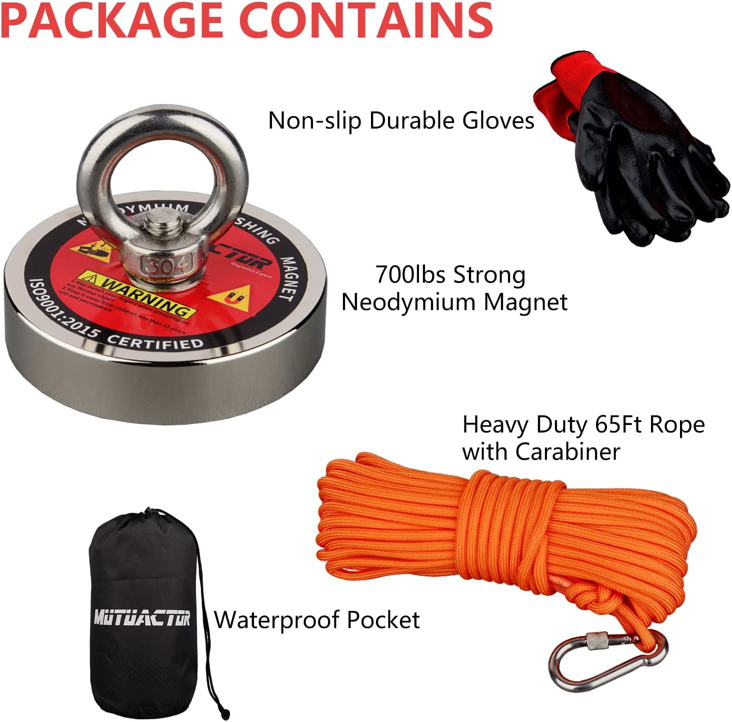 Fishing Magnet Kit,700Lb,1000Lbs,1200Lbs Neodymium Magnet,Strong Magnet Fishing Heavy Duty with 65Ft Salvage Rope,Gloves,Bag for Retrieving Tools &Find Treasure (700Lbs Vertical Set) image number 6