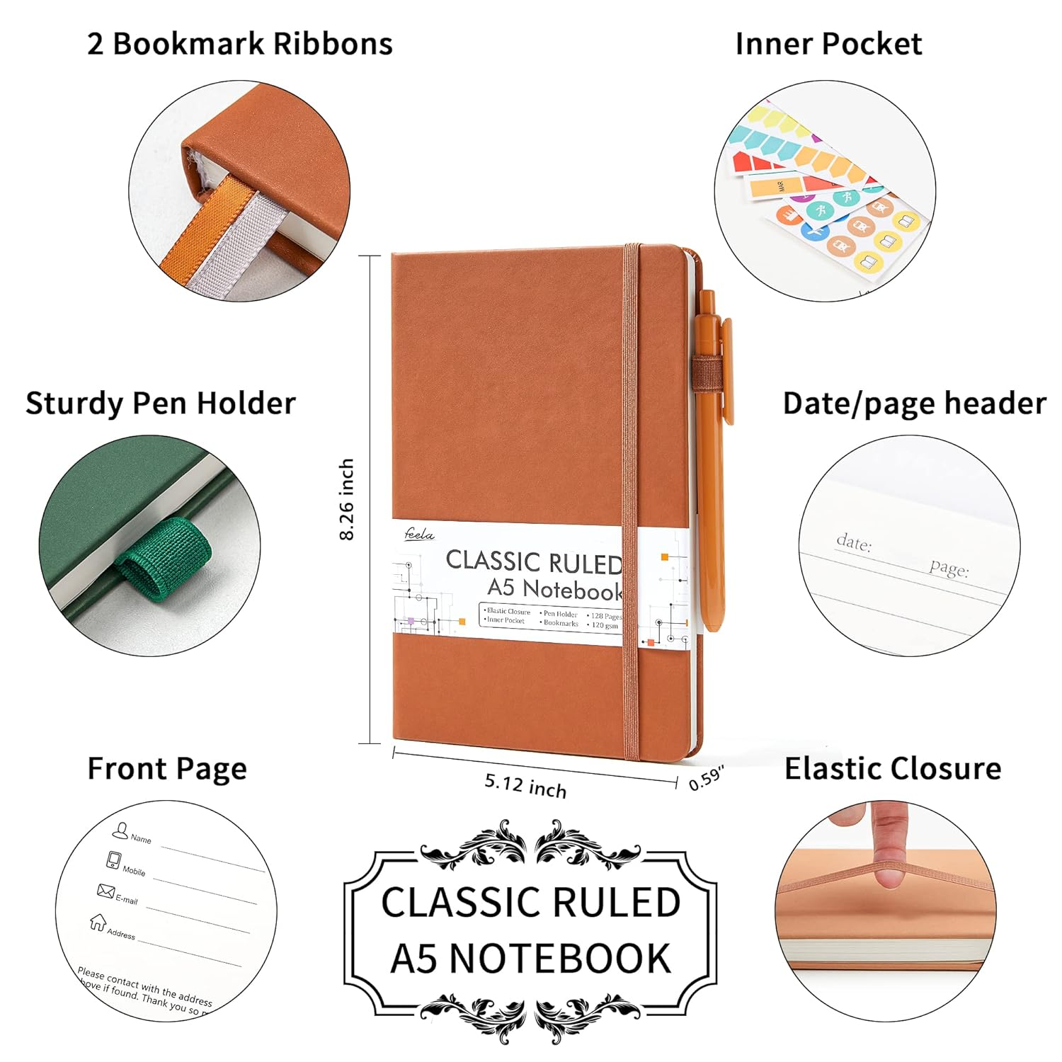 Feela Hardcover Notebook for Work, 3 Pack Classic Ruled Lined Journal Notebook Set School Business Supplies, with 3 Black Pens, 120 GSM, 5.1&rdquo;X8.3&rdquo;, 3 Pack, A5, Vintage Colours image number 3