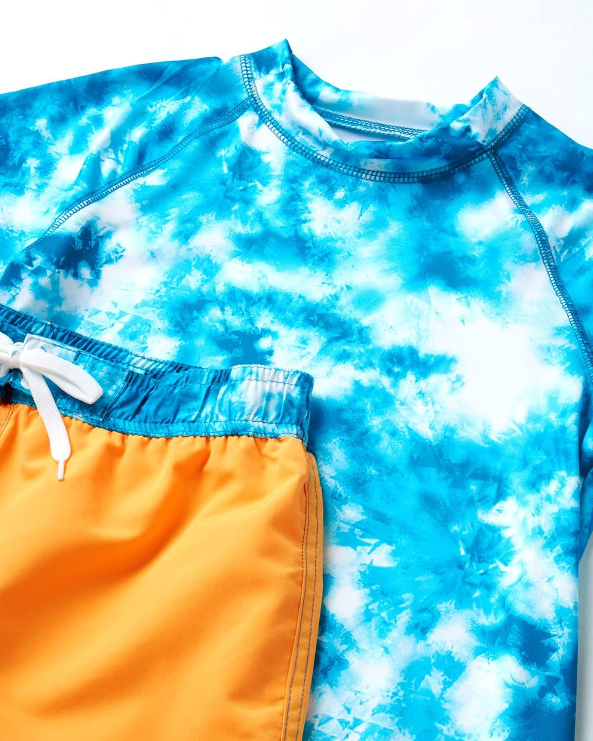 OXUBOAO Boys' Two-Piece Swimsuit Kids Rash Guard Set Blue Short Sleeve Swim Shirt with Orange Shorts Surfing Set image number 6