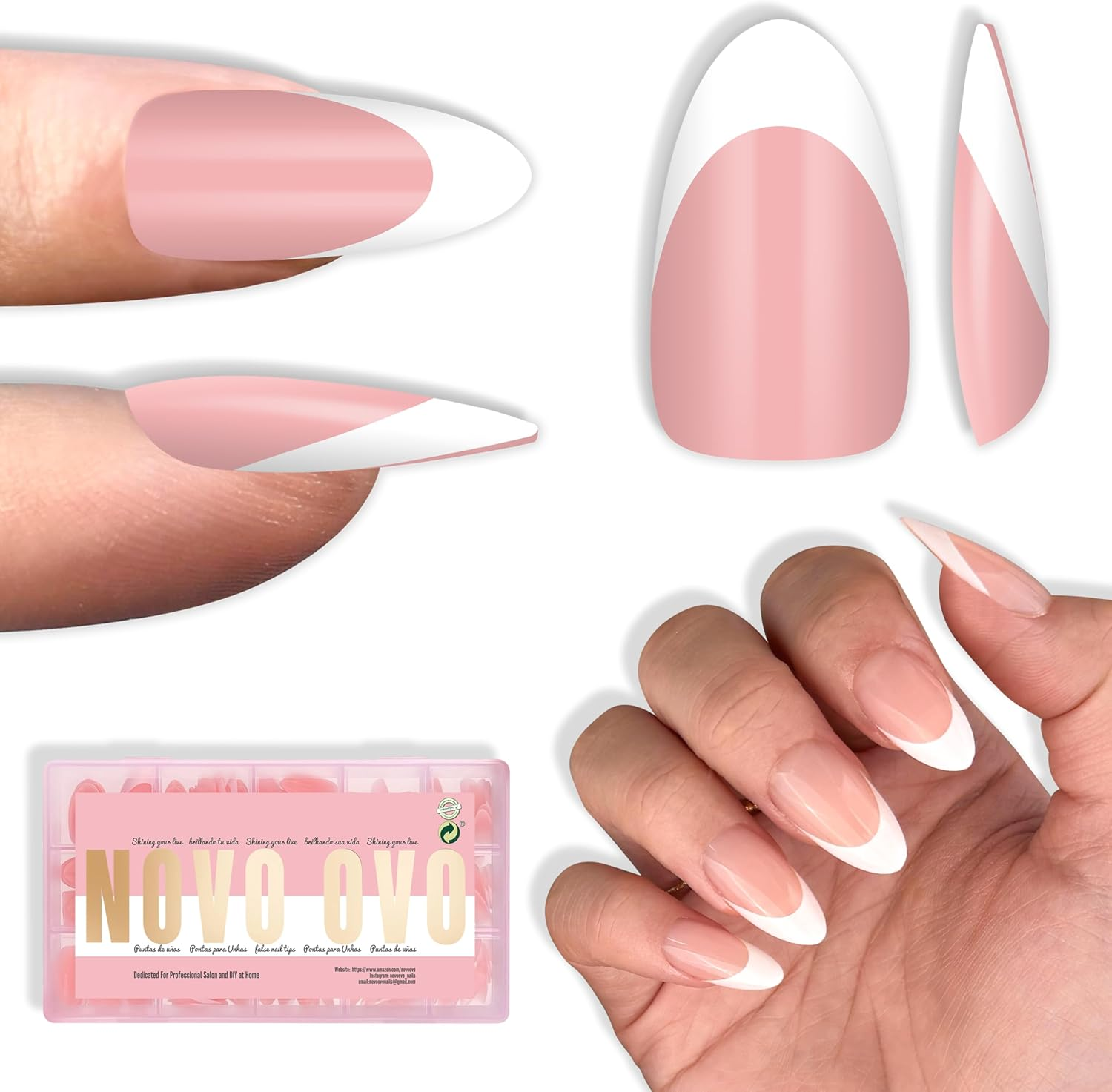 NOVO OVO White French Tip Oval Nail Tips Press on ROSE PINK, Extra Thick Medium Soft Gel Fake Nail Acrylic Extension, Need Builder Gel Top Coat, No Glue Included, for Salon DIY X 15 Sizes 240 Pcs