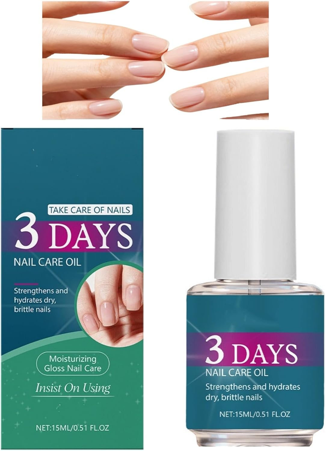 3 Days Nail Care Oil, Nail Strengthener & Hydrator Hydrates for Dry Brittle Nails, Cuticle Oil for Nails Growth for Damaged,Discolored, or Weak Toenails & Fingernails, Lightweight, Gentle (1PCS)