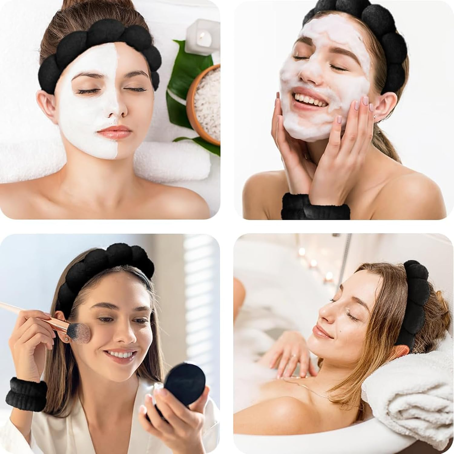 3Pcs Black Spa Makeup Headband and Wristband Set for Washing Face, Soft Towel Skincare Headband Face Wash Wristband Facial Wrist Towel Washbands for Women Girls image number 6