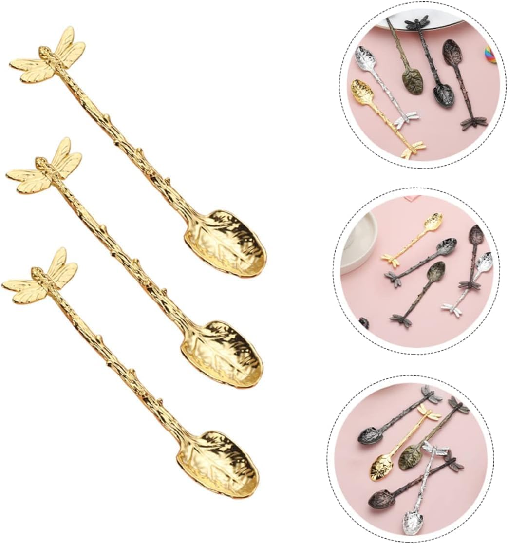 Fokmuaex 3-Piece Retro Forest Style Gold Parfait and Coffee Spoons Set for Decorative Dessert Tableware