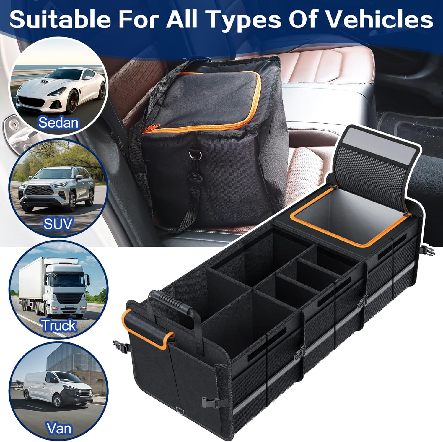 Car Trunk Organizer, Foldable Boot Organizer Built-In Leakproof Cooler, Multipurpose Automotive Travel Storage Bag Wtih Adjustable Securing Straps, Cargo Storage Accessories for SUV, Truck, Sedan, RV image number 1