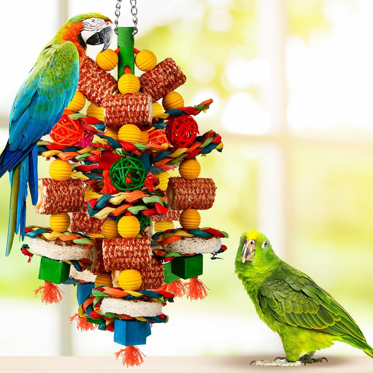 Bird Toys, Parrot Toys for Large Birds,Natural Corn Cob and Loofah Slices Bird Chew Toys for African Grey Parrots, Macaws, Cockatoos, Amazon Parrot and Other Small and Medium-Sized Parrot (Colorful) - Colorful image number 3