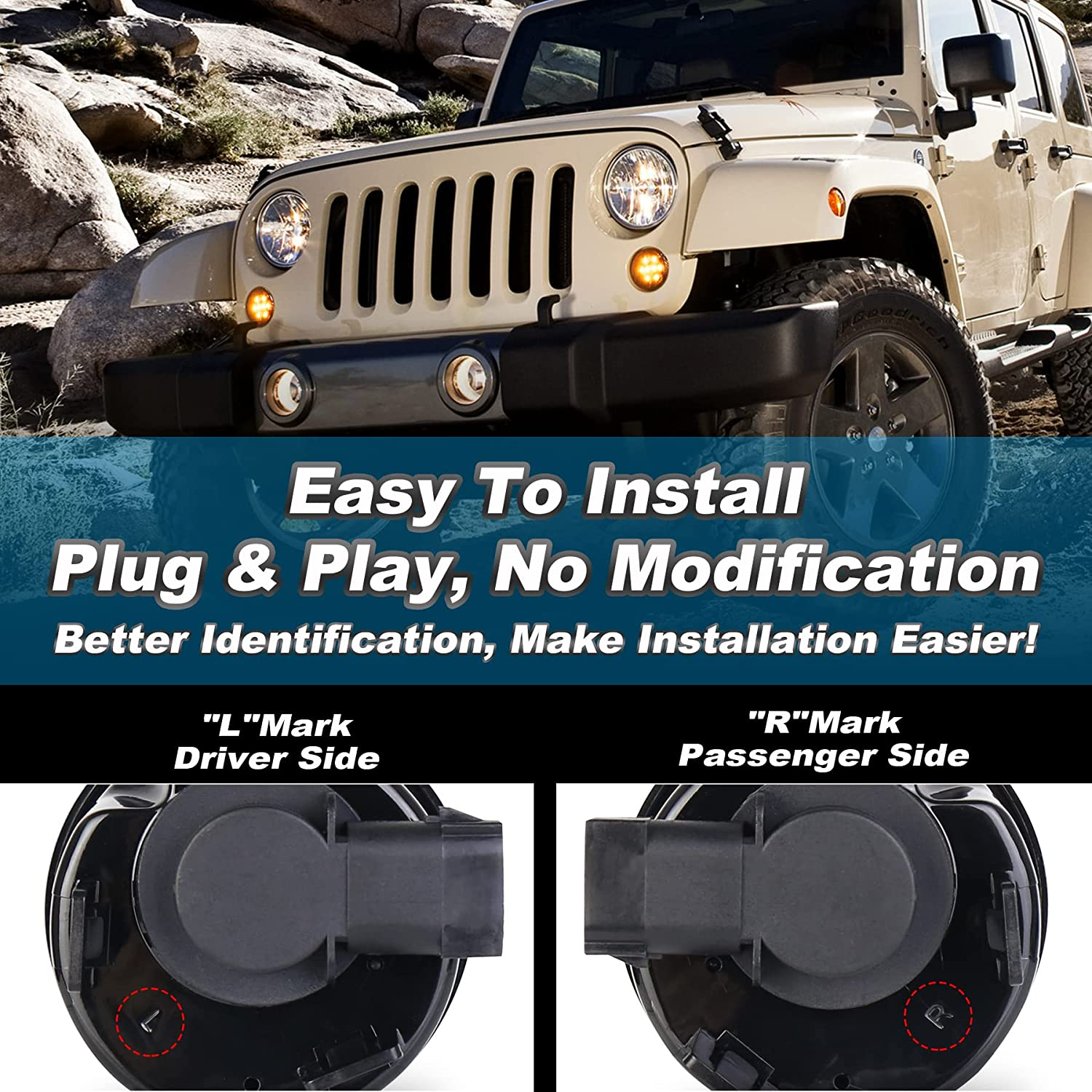 PXPART JK Turn Signal Lights Smoke Lens Amber LED Front Grill Indicator Parking Lights for Jeep Wrangler JK JKU 2007-2017 image number 5