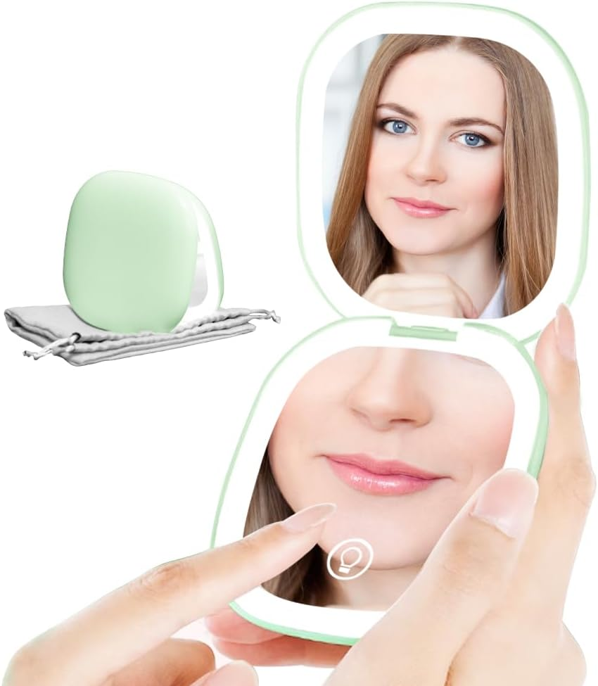 Compact LED Magnifying Travel Makeup Mirror 1X/10X Magnification Small Hand Pocket Mirror 3 Light Colors Dimmable Double Sided USB Rechargeable Touch Screen, Portable Cosmetic Mirror(Green) image number 3