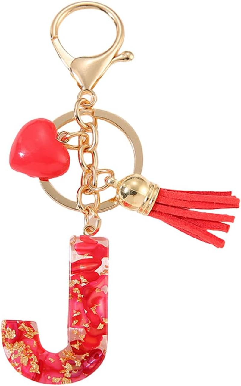 Gierzijia Red Stone Love Tassel A-Z Alphabet Resin Keychain, Initial Letter Key Ring Accessories Bag Charms image number 6
