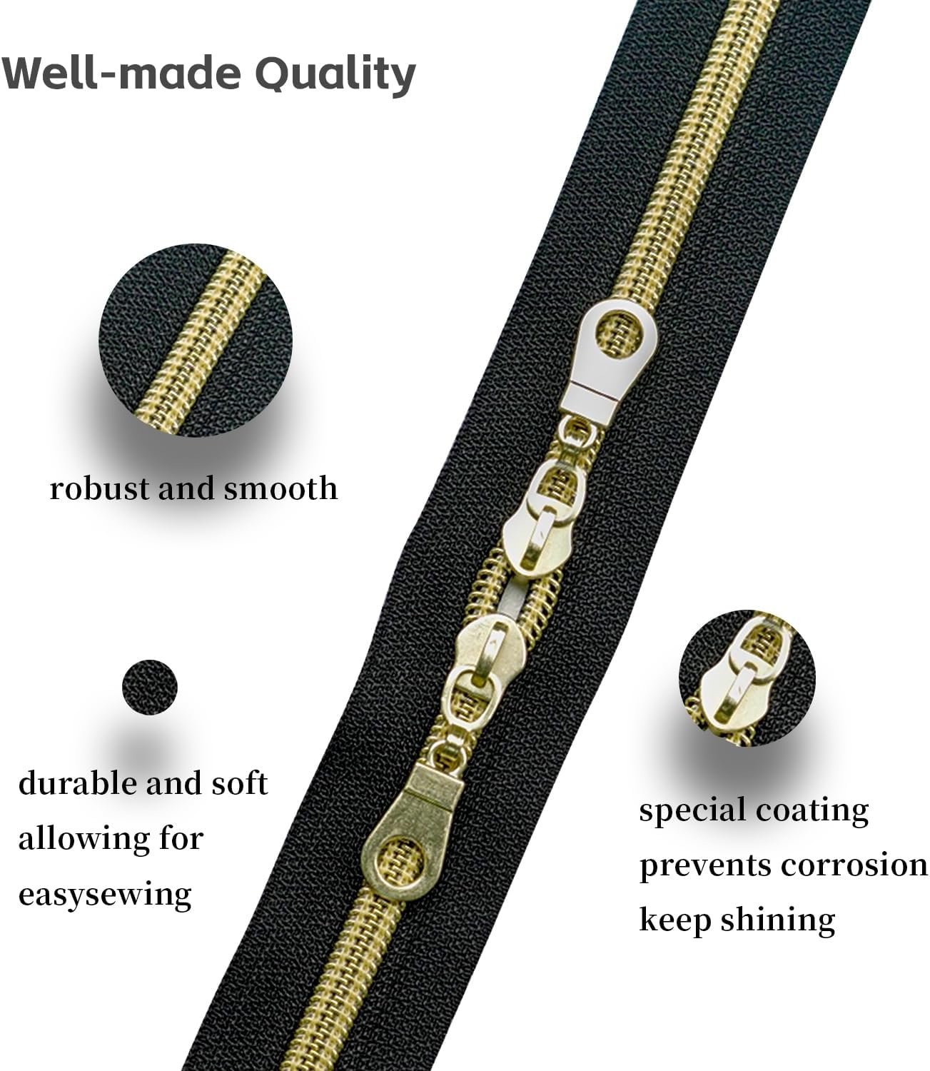 Zynzaoacs #5 Zipper by the Yard with Pulls, Continuous Black Tape (10Yds) and Rust-Proof Gold Metal Pulls (25Pcs), Bulk Zippers for Sewing Bags and Purses, Cuttable Nylon Zipper Roll image number 2