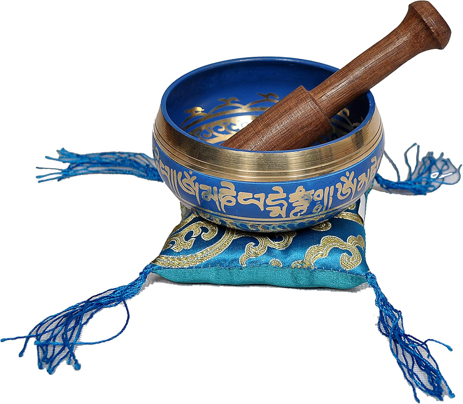 Tibetan Meditation Singing Bowl for Relaxation and Healing - with Traditional Design Tibetan Buddhist Prayer Flags - Handmade in Nepal (Blue) - Green image number 4