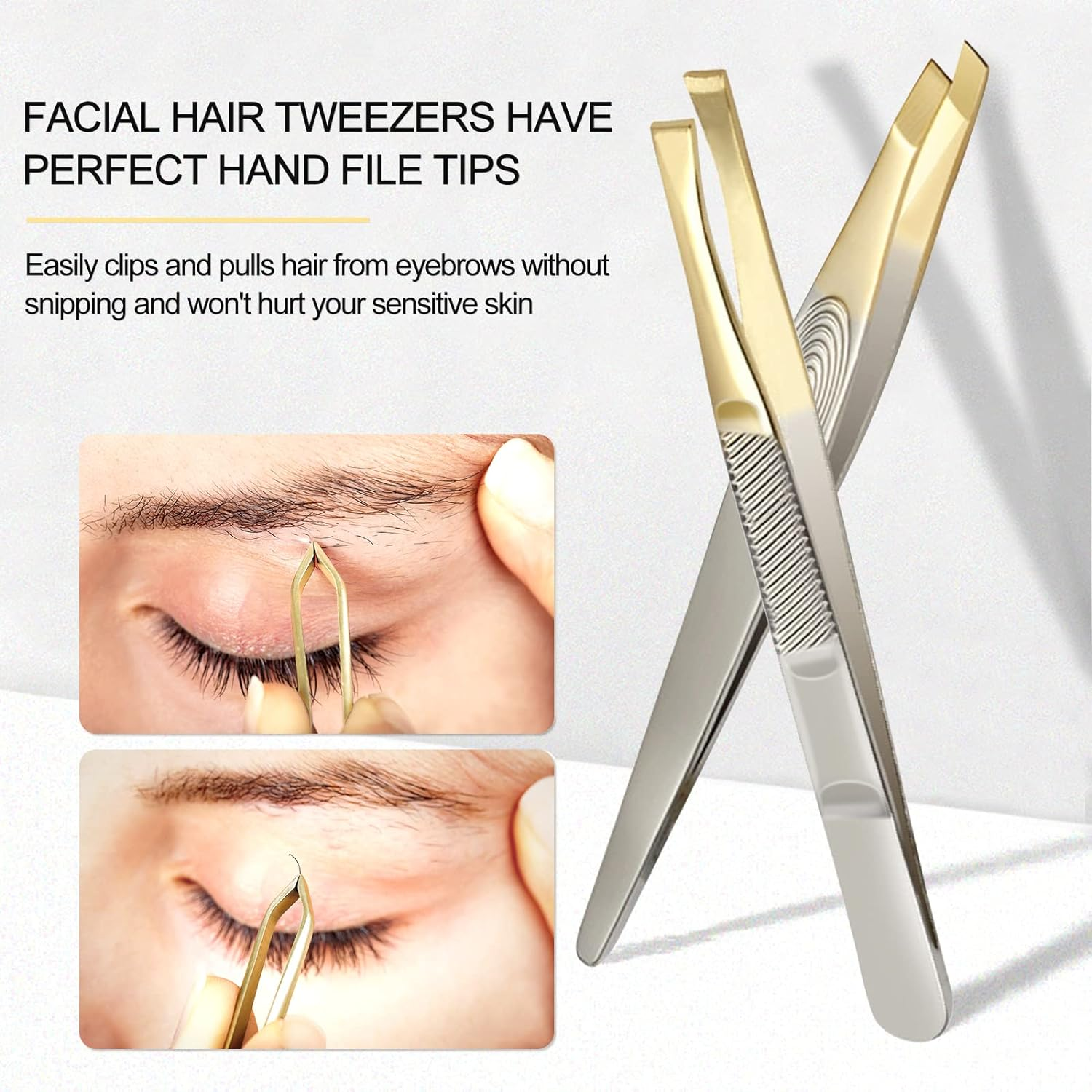 Sularpek Slanted Tweezers, Set of 2 Stainless Steel Tweezers Precision Eyebrow Plucking Removal Chip Removal Gold Plated 87Mm for Men and Women image number 1