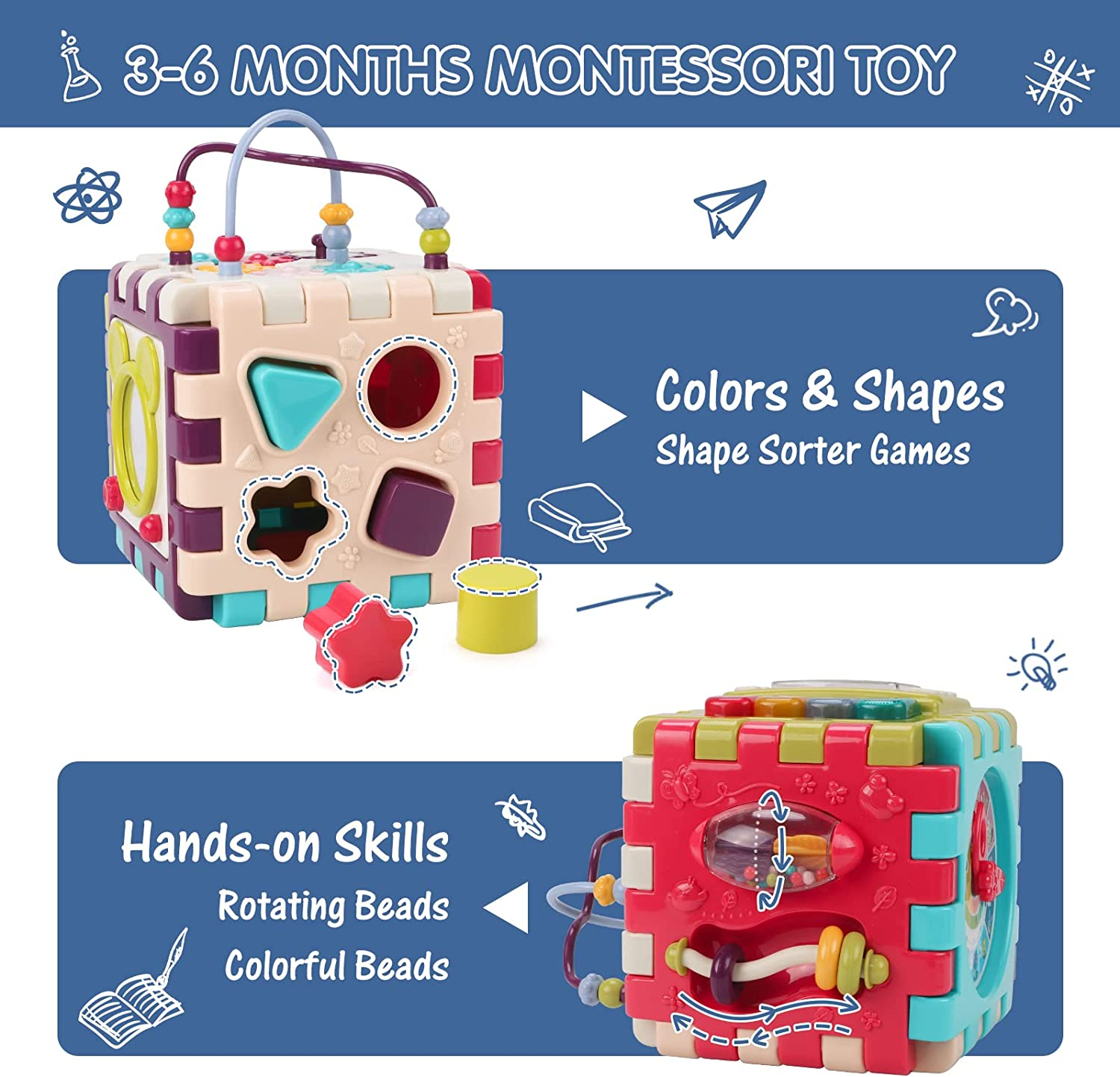 Qizebaby Baby Toys 12 to 18 Months 11-In-1 Activity Cube,Busy Learning Baby Musical Toy with Shape Sorter Toys，Kid Montessori Gifts for Toddler Boys Girls 1 2 3 Years Olds image number 6