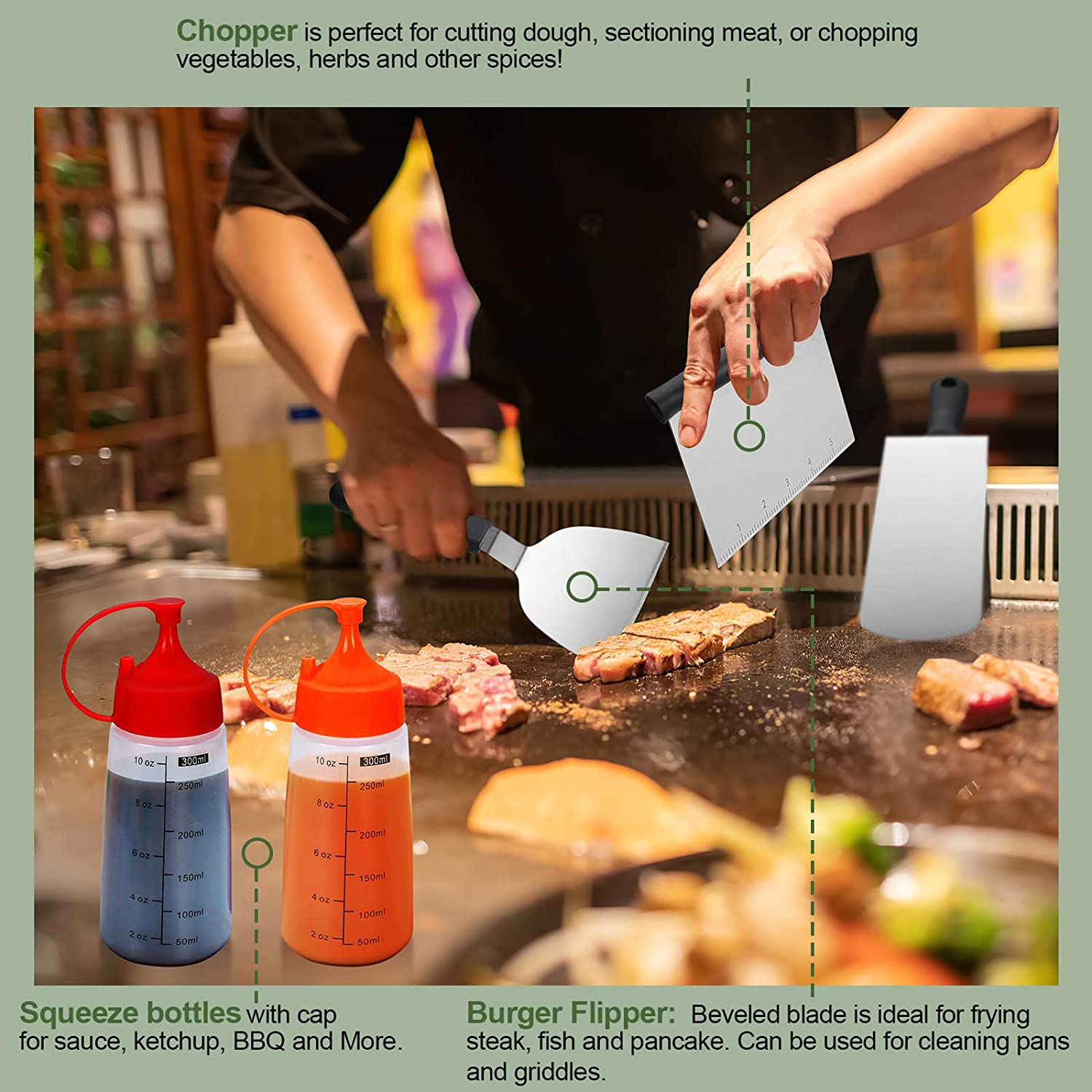 19PCS Griddle Accessories Kit, Stainless Steel Flat Top Grill Accessories Set for Blackstone and Camp Chef, Grill Spatula Set with Enlarged Spatulas, Basting Cover, Scraper for Outdoor Barbecue image number 6