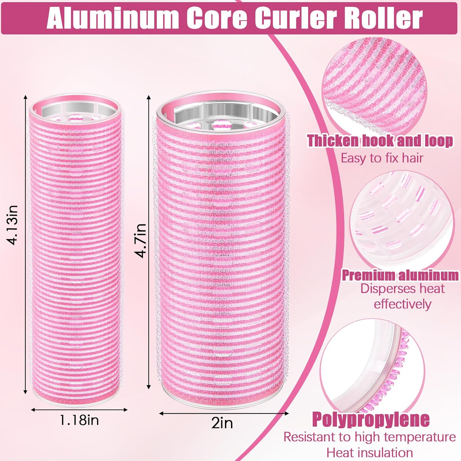 WILLBOND 4 Pcs Long Hair Rollers for Bangs Aluminum Core Curlers Thermal Self Grip Roller for Long and Medium Hair Women Hairstyle(4.7 X 2 Inch, 4.1 X 1.2 Inch,Light Pink) image number 5