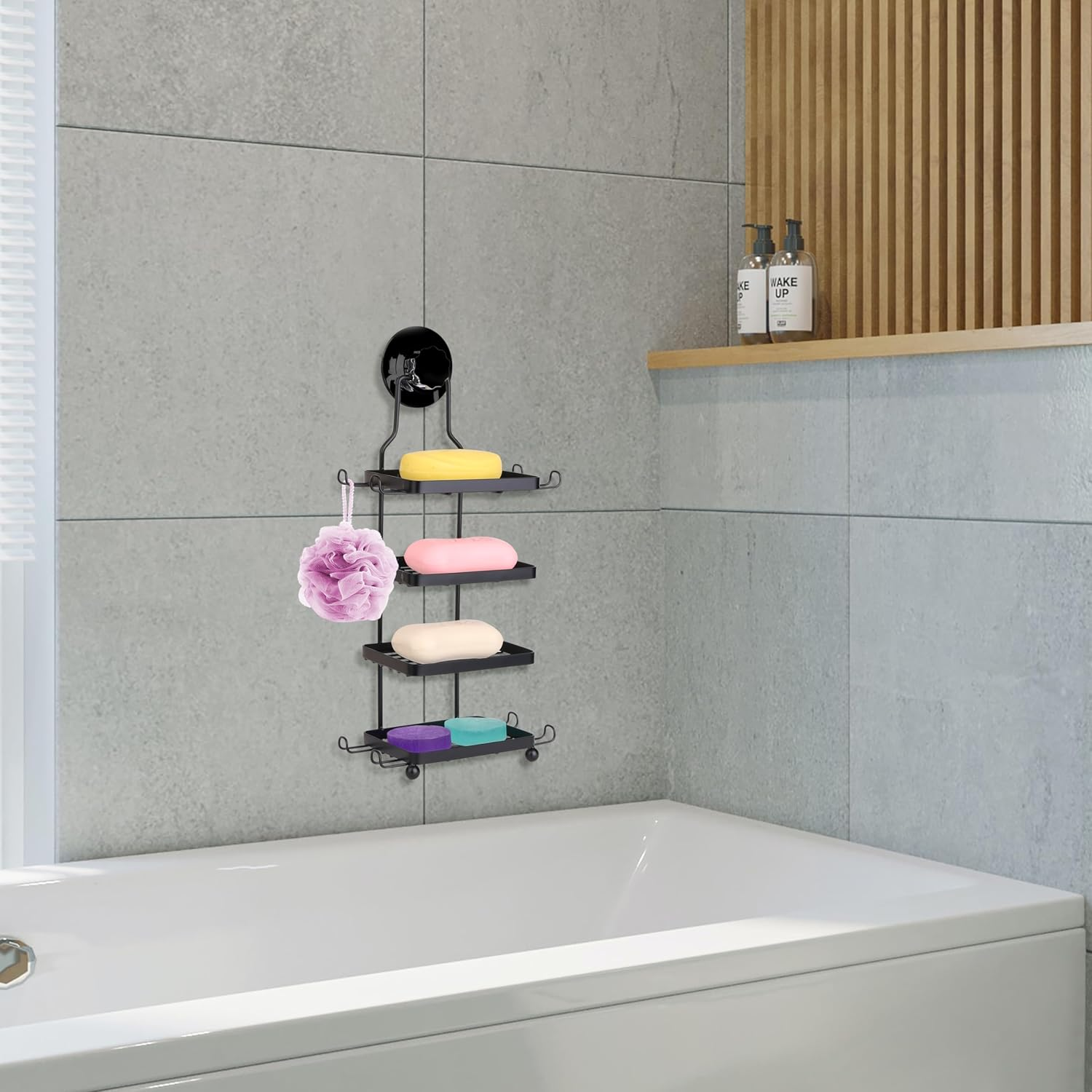 Soap Holder for Shower Wall 4 Tier Square Soap Rack with Hook Dish Stainless Steel Bar Shower Bathroom Self Draining Rustproof Rack Powerful No Drilling(Black) image number 2