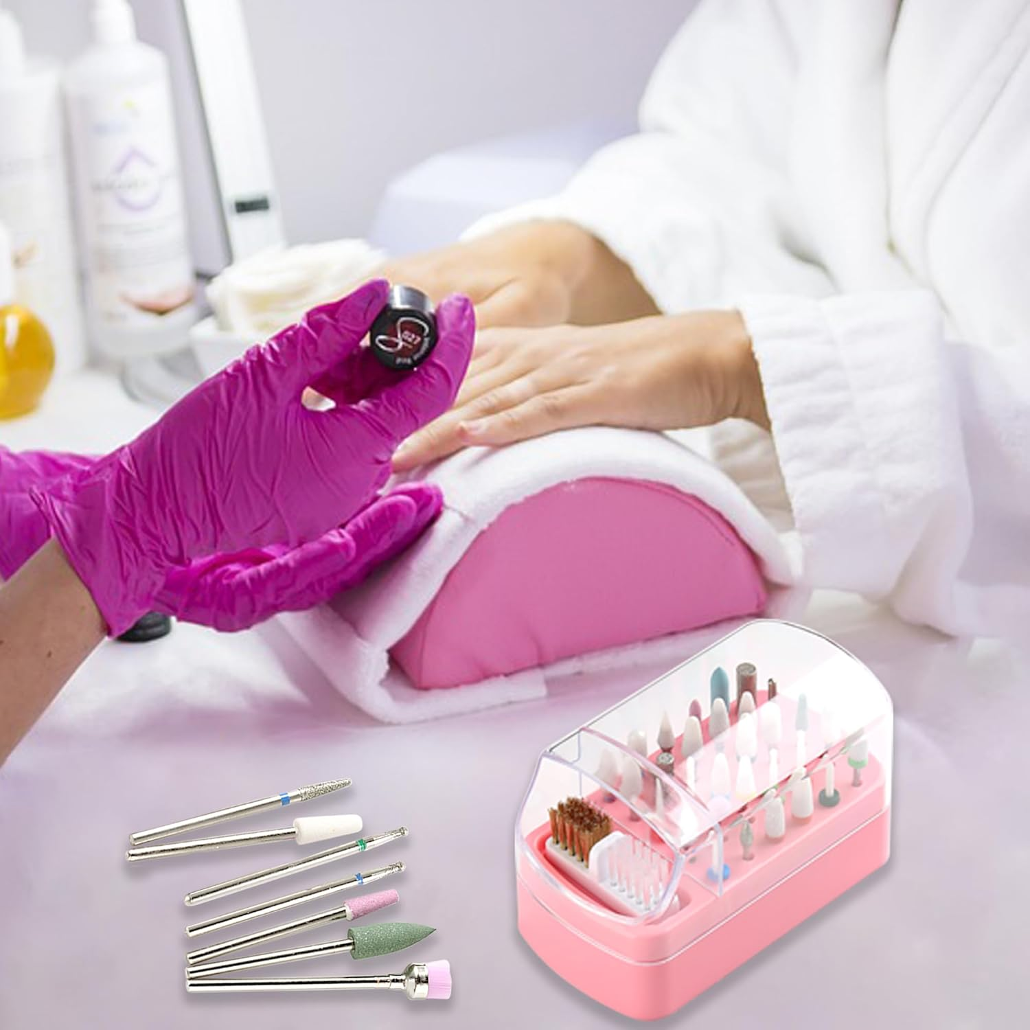 Fspronail Nail Bit Holder & Nail Drill Bit Cleaner 2 in 1, 30 Holes Nail Drill Holder Organizer Nail Bit Brush Cleaner Drill Bit Holder for Nails Dustproof Stand Displayer Storage Box Tools image number 6