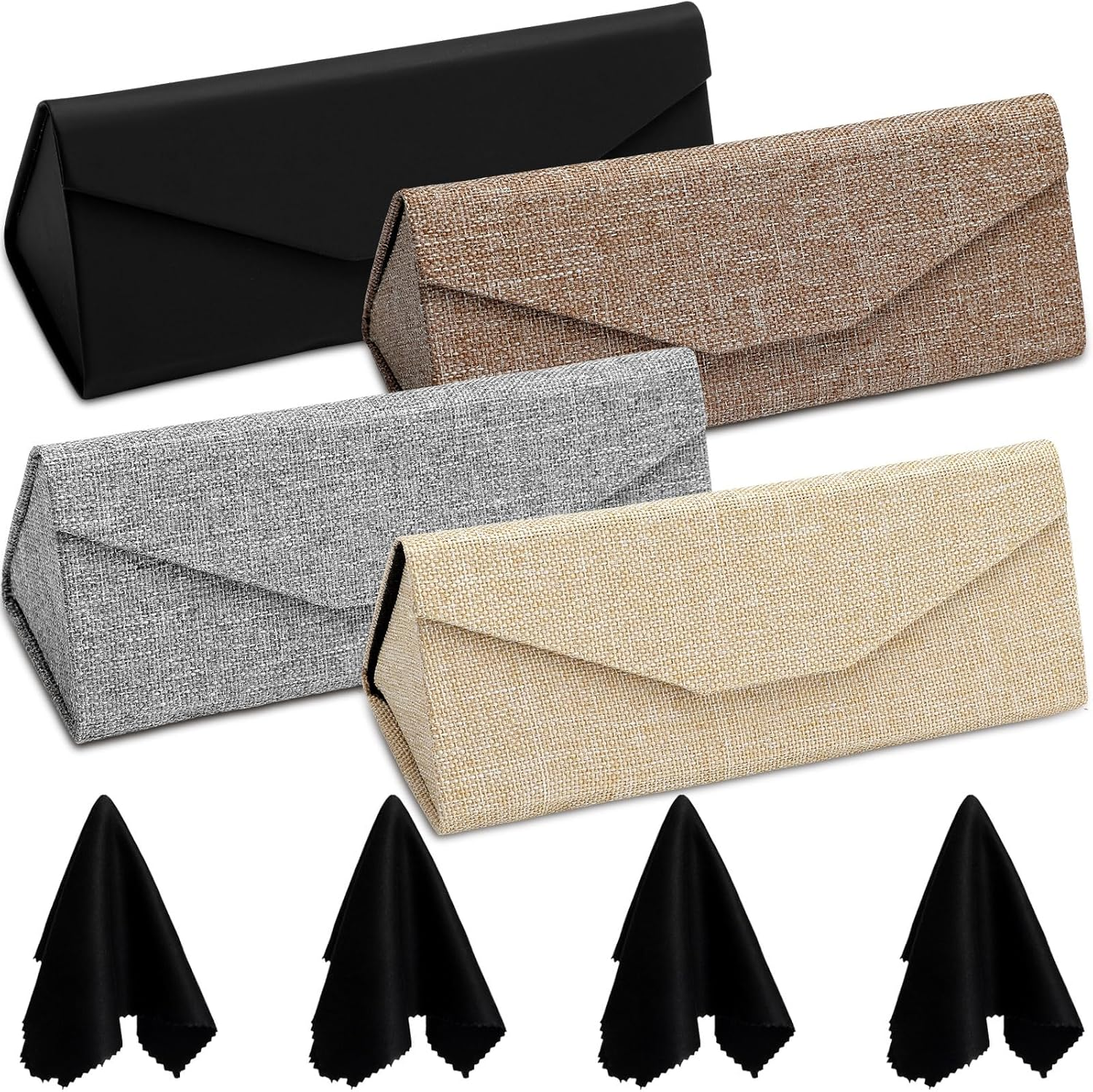 Flutesan 4 Pack Foldable Glasses Sunglasses Case PU Hard Shell Eyeglasses Case Leather Glass Case 4 Cleaning Cloths
