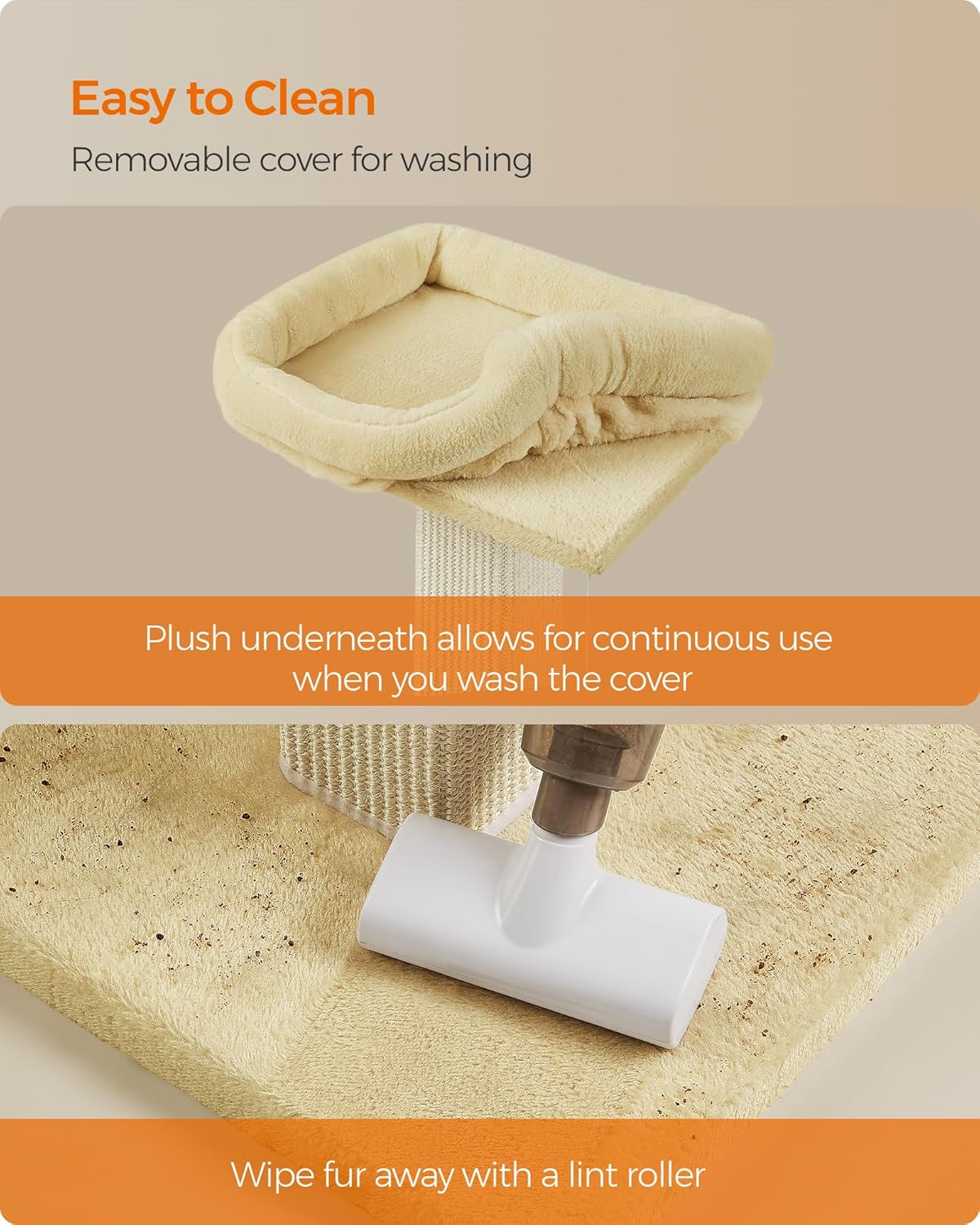 Feandrea Cat Scratching Post, 27.9-Inch Cat Scratcher with 15.7 X 11.8 Inches Plush Perch, Tall Scratch Post with Woven Sisal, Pompom, Removable Washable Cover, Beige UPCA022M01 image number 1