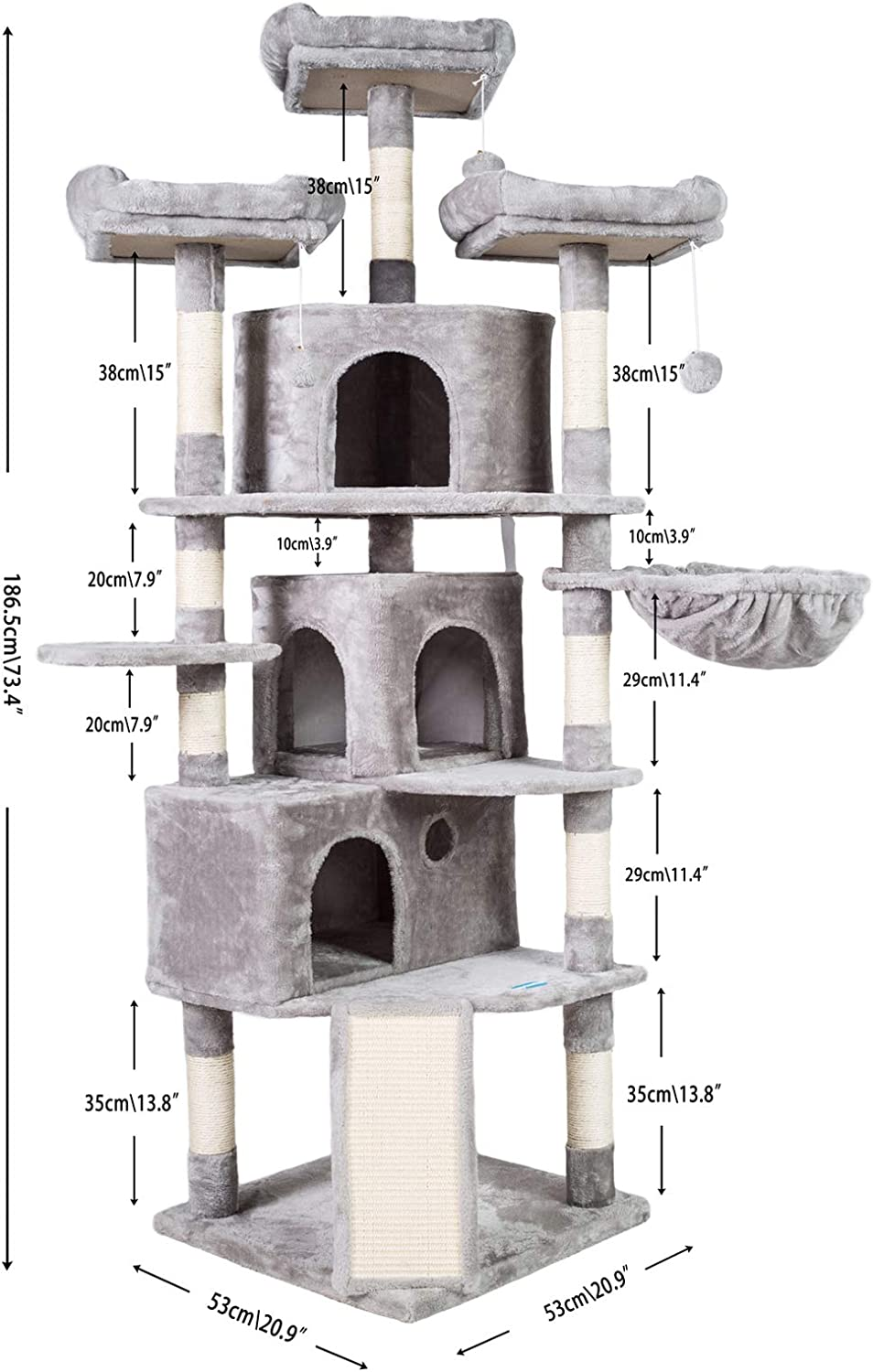 Hey-Brother XL Cat Tree, 186 Cm Cat Tower with 3 Caves, 3 Cozy Perches, Scratching Posts, Board, Activity Center Stable for Kitten/Big Cat, Light Gray MPJ032W image number 1