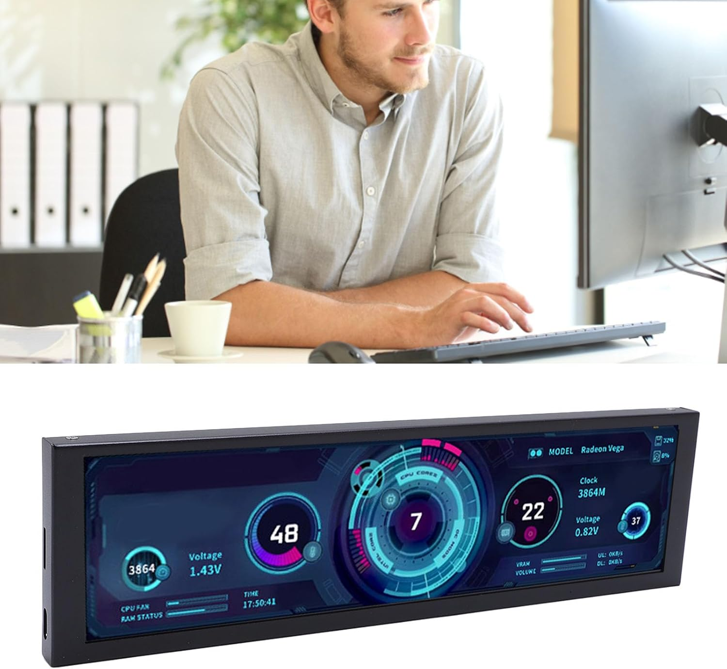 8.8 Inch IPS PC Case Screen - Internal Rotatable Secondary Display W/Standalone SD Playback, Plug and Play Aluminum Frame Monitor, Zero Performance Drain (1920X480) image number 4