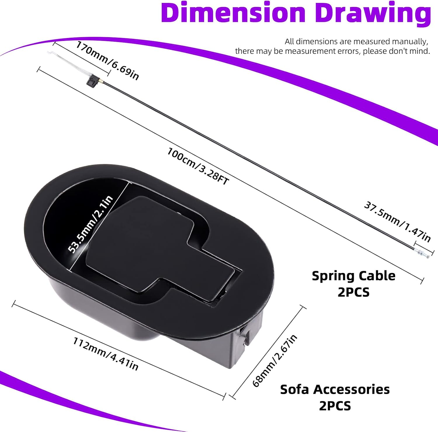 Swpeet 4Pcs Metal Recliner Handle Replacement Parts with Cable, Universal Sofa Chair Recliner Release Pull Handle Replacement Parts with Retaining Clips and Recliner Pull Cable for Furniture Sofa image number 2