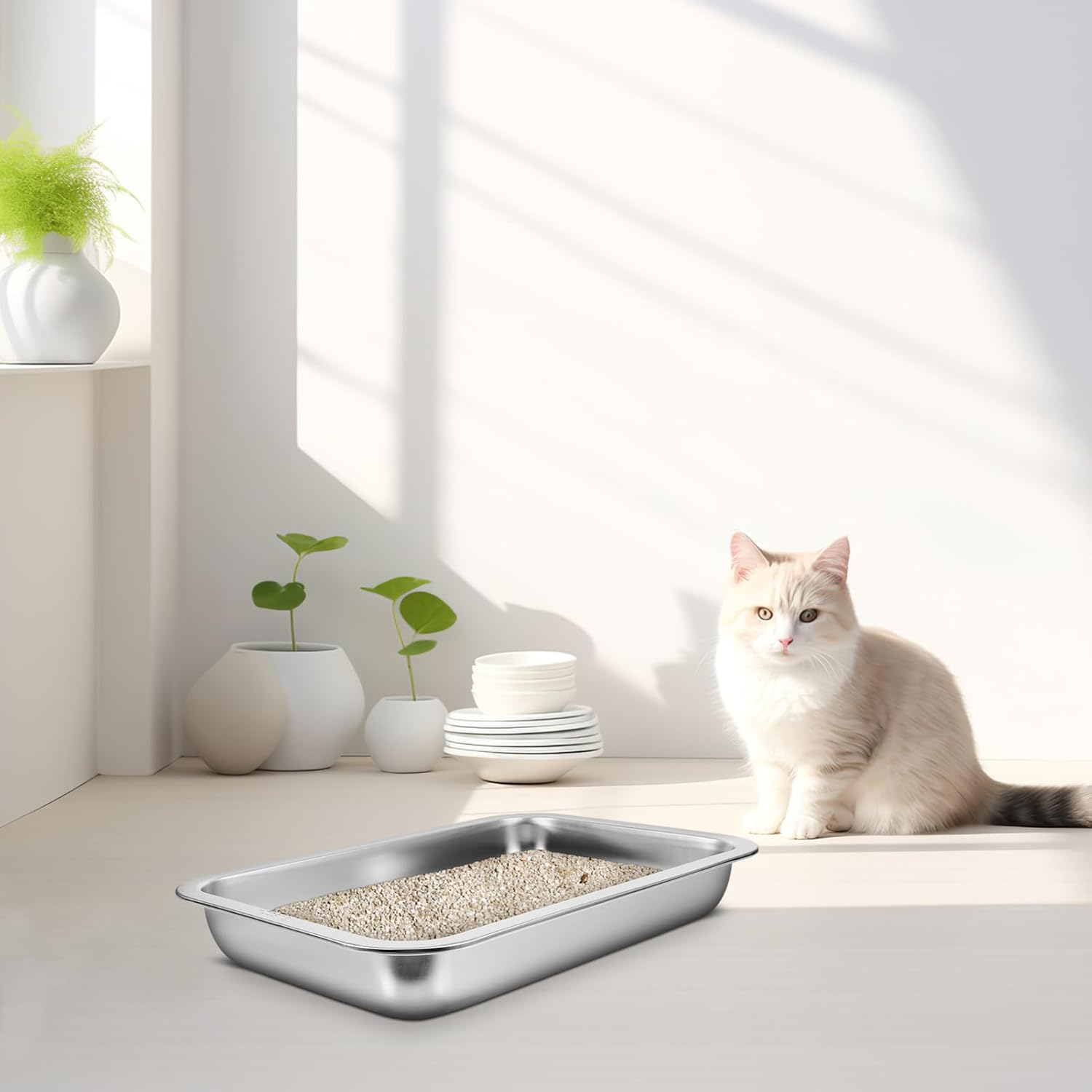 Stainless Steel Cat Litter Box, Open Shallow Kitten Litter Tray for Senior Cats and Kittens, Low Entry Metal Litter Pan for Hamsters Rabbits Guinea Pigs image number 3
