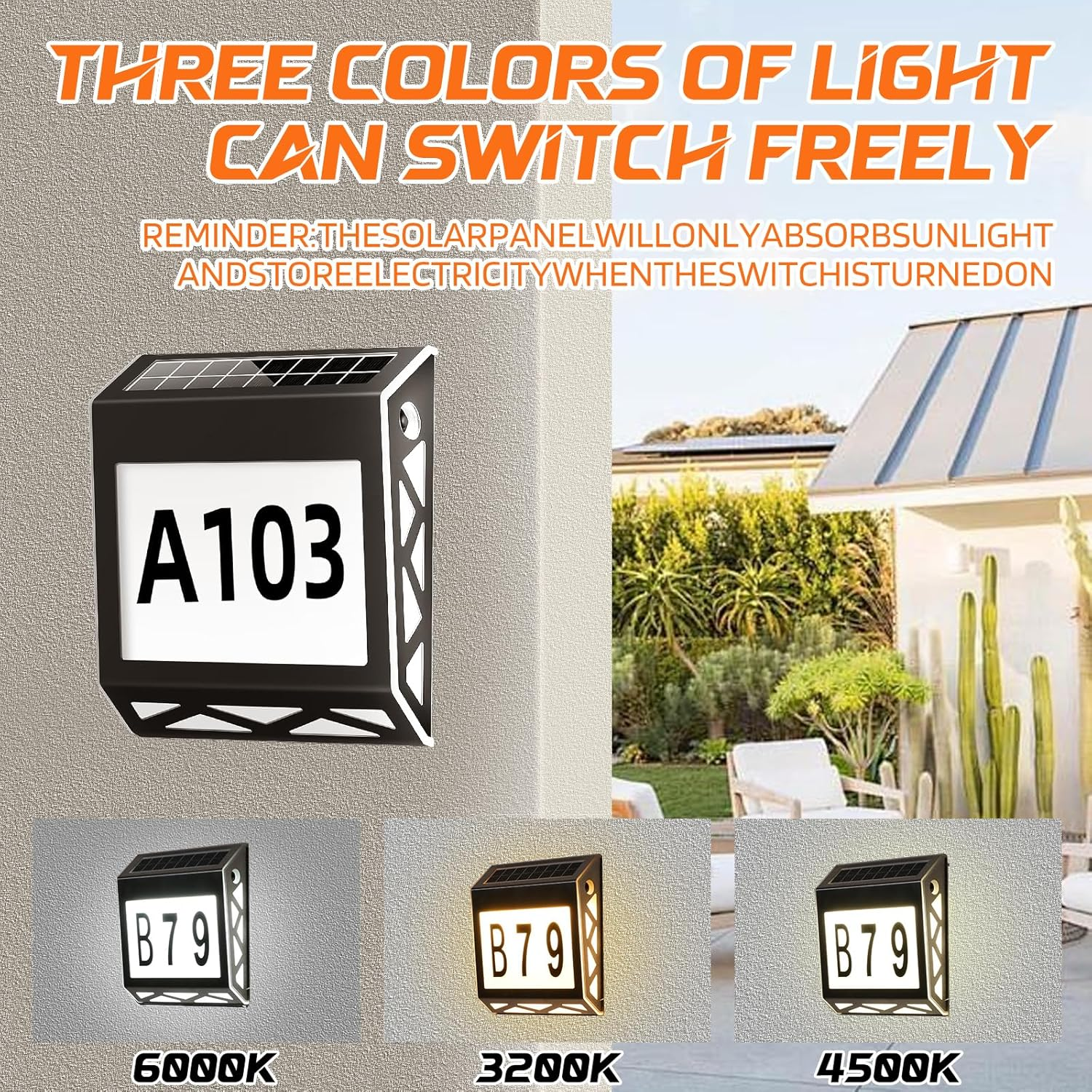 Powerful Solar Address Sign, Illuminated Solar House Number, 3 Colors LED Waterproof Wall Mounted House Numbers with Parts for outside Garden Yard Light up Wall Lamp