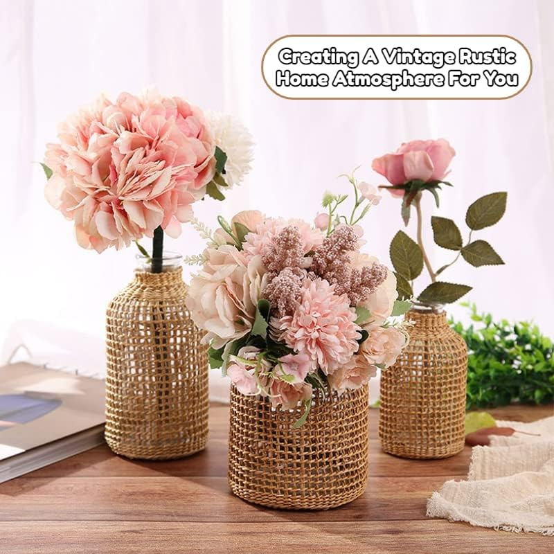 Decorative Glass Vase with Rattan Cover,Vintage Vase for Flower Wide Vase Floral Container for Dry Faux Flower Arrangements Home Decor (Wide-10.5Cm*11.5Cm*8.2Cm) image number 4