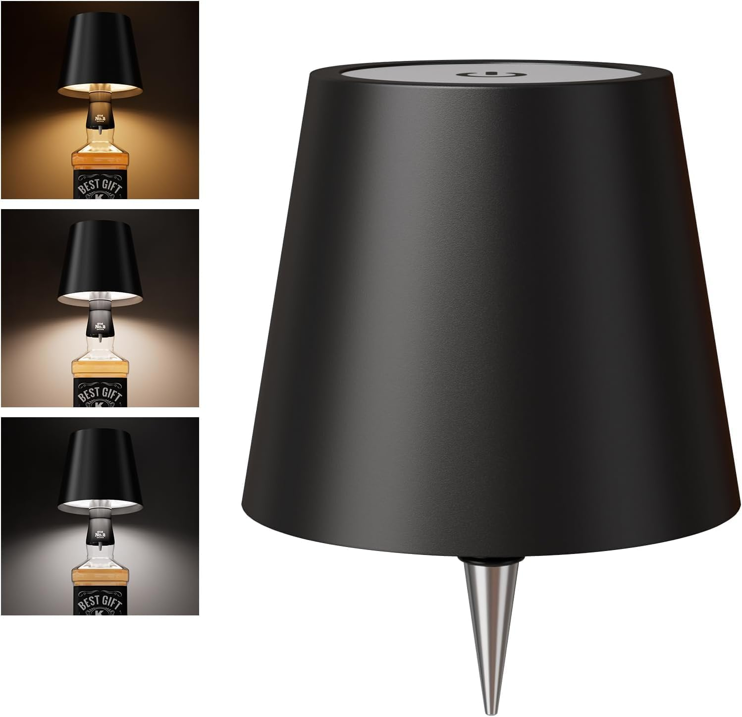 Wireless Bottle Lamp Shade - Portable LED Wine Bottle Lamp with Stopper, 3 Color Stepless Dimming Rechargeable Touch Wine Bottle Lights for Any Liquor Bottle Bars Restaurants (Black, 1 Pack) image number 2