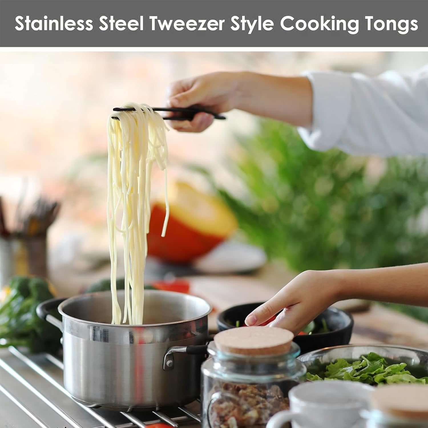 4 Pcs Black Stainless Steel Kitchen Tweezers Tongs, 25 CM & 30 CM Culinary Precision Straight Tongs, Serrated Tip and round Tip Tweezer Set for Cooking, Bartending, BBQ, and Repairs image number 2