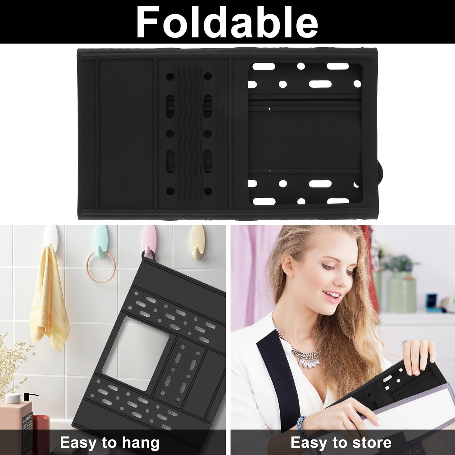 Foldable Sink Cover for Bathroom Counter Space - Silicone Makeup Brush Cleaning Mat, Heat Resistant Organizer Pad, Anti-Slip Vanity Tools Organizer (Black) image number 6