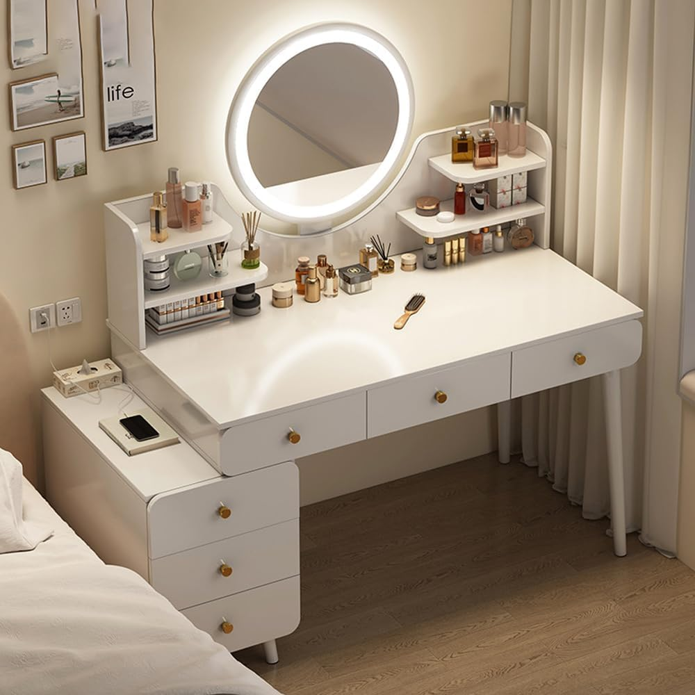 Uandhome Dressing Table,Modern Minimalist Dressing Table for Bedroom with LED Mirror and Drawer Storage,Vanity Table for Bedroom(100-115 * 40 * 135Cm)-White image number 6