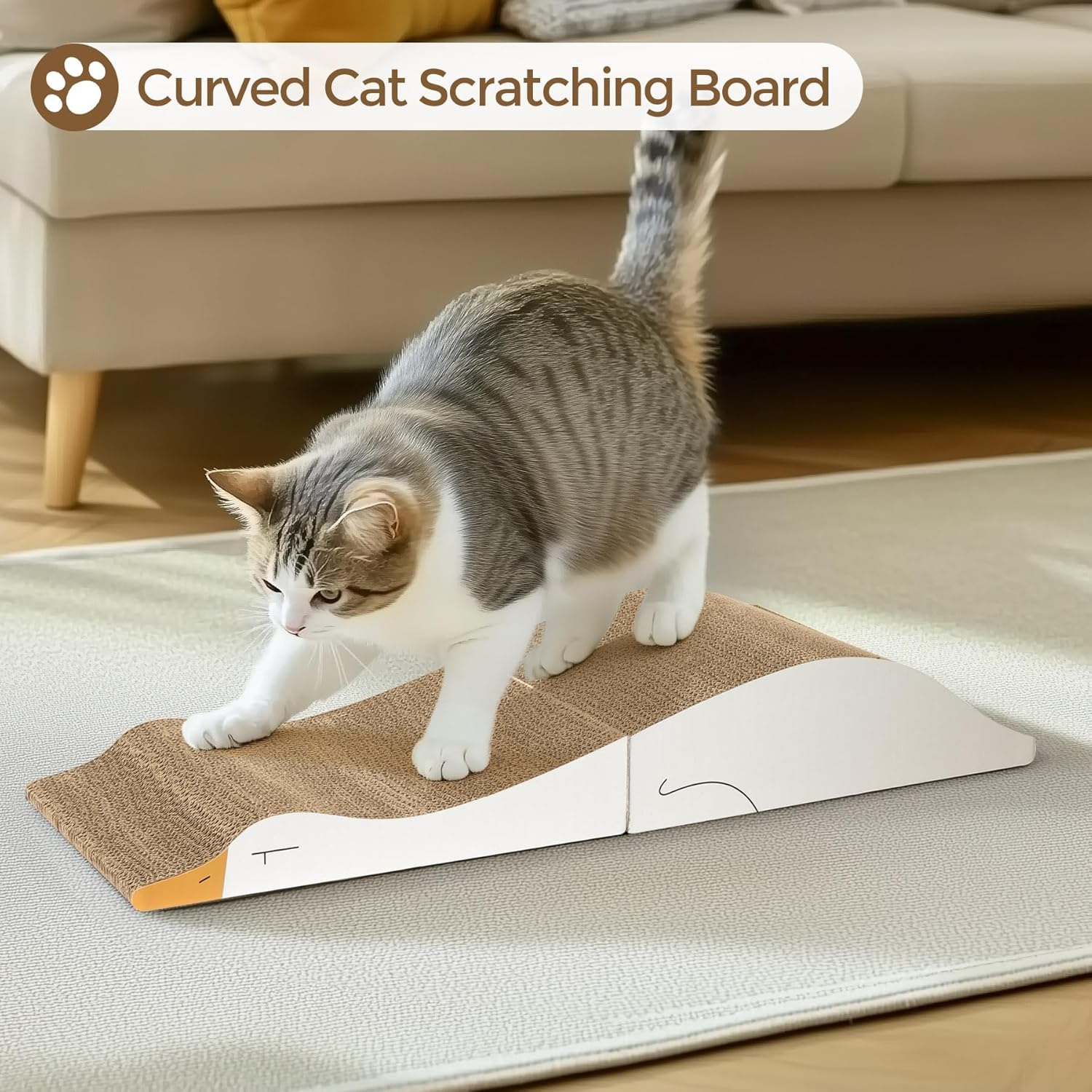 Comsaf Long Cat Scratching Board 26.75"X10" Curved Foldable Scratcher, Duck-Shaped Cardboard Scratchers Recycle Corrugate Pad for Scratch Lounge Lasting Reversible image number 3