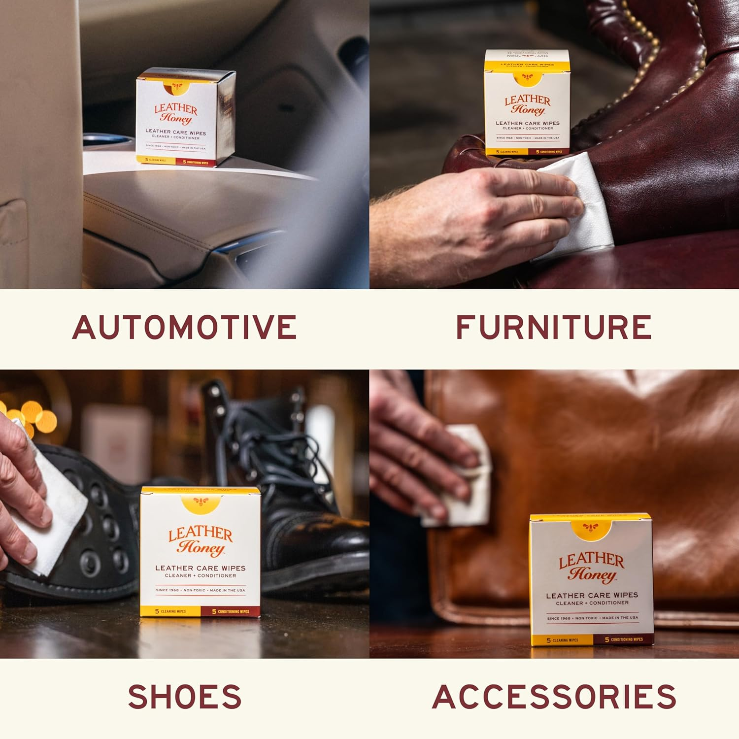 Leather Honey Leather Care Wipe Kit - Clean and Condition Leather On-The-Go - Leather Care for Auto Interiors, Furniture, Shoes, Bags, Accessories & Apparel - 5 Cleaner/5 Conditioner Wipes image number 4