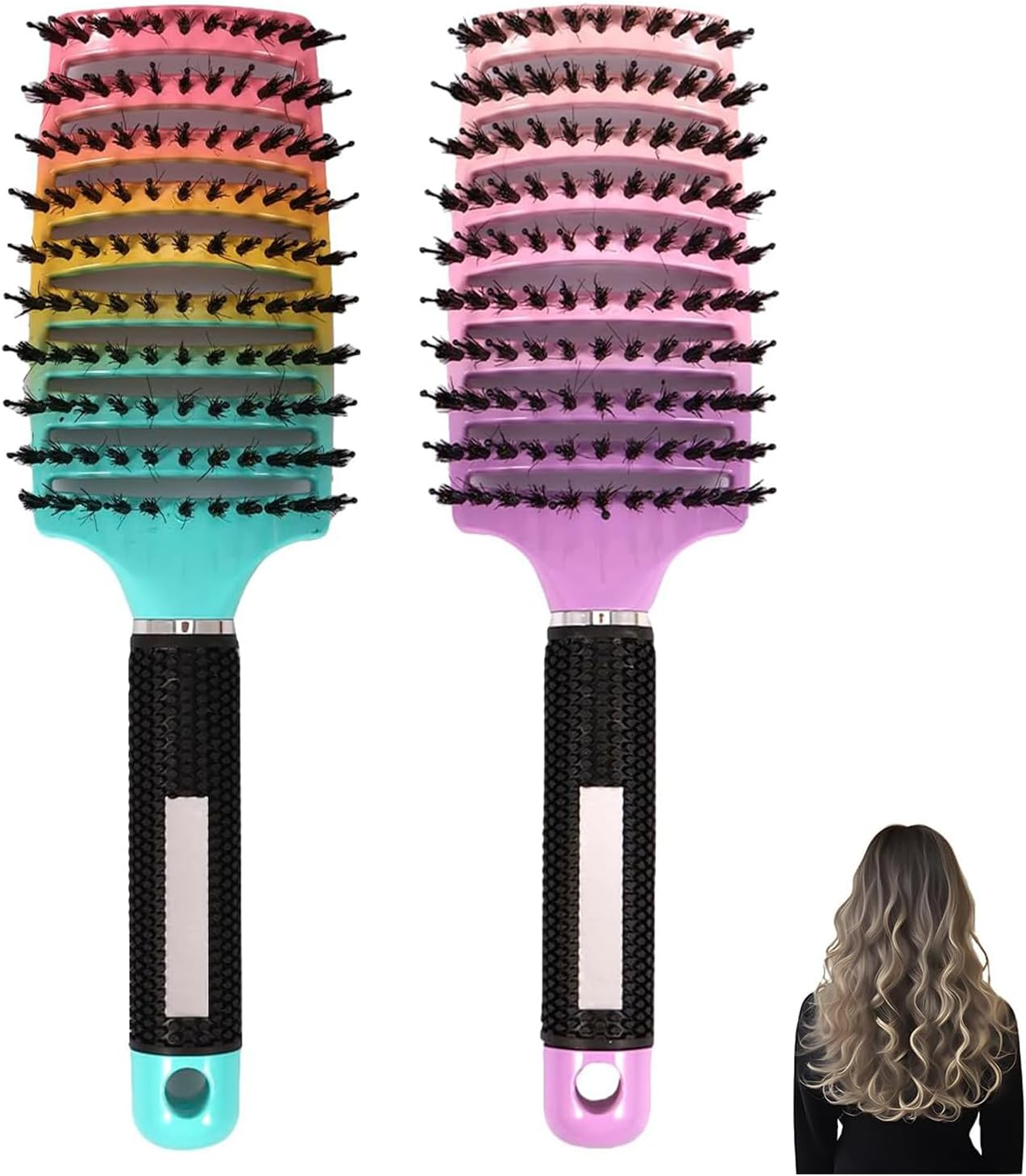 2 Pack Detangling Hair Brush,Boar Bristle Hair Brush,Fast Drying Styling Massage Hairbrush for Men Women,Curved Vent Styling Brush for Wet Dry Curly Thick Straight Hair (Blue & Pink) image number 1