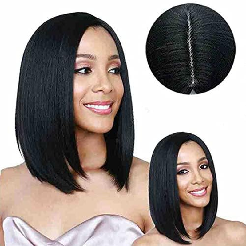 Short Straight Middle Part Hair Wig Medium Length Synthetic Heat Resistant Wigs for Women with Wig Cap (Black, One Size) image number 4
