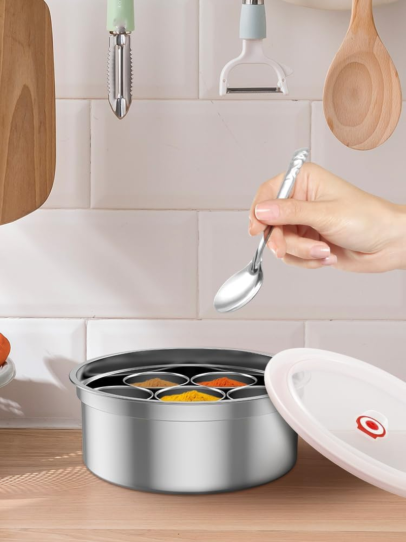 Masala Dabba Spice Box Stainless Steel Spice Containers Masala Dabba with 7 Compartments Indian Spice Box with Transparent Lid Indian Masala Dabba with Spoon 9.8&times;3.7Inch Kitchen Spice Storage Box ... image number 5