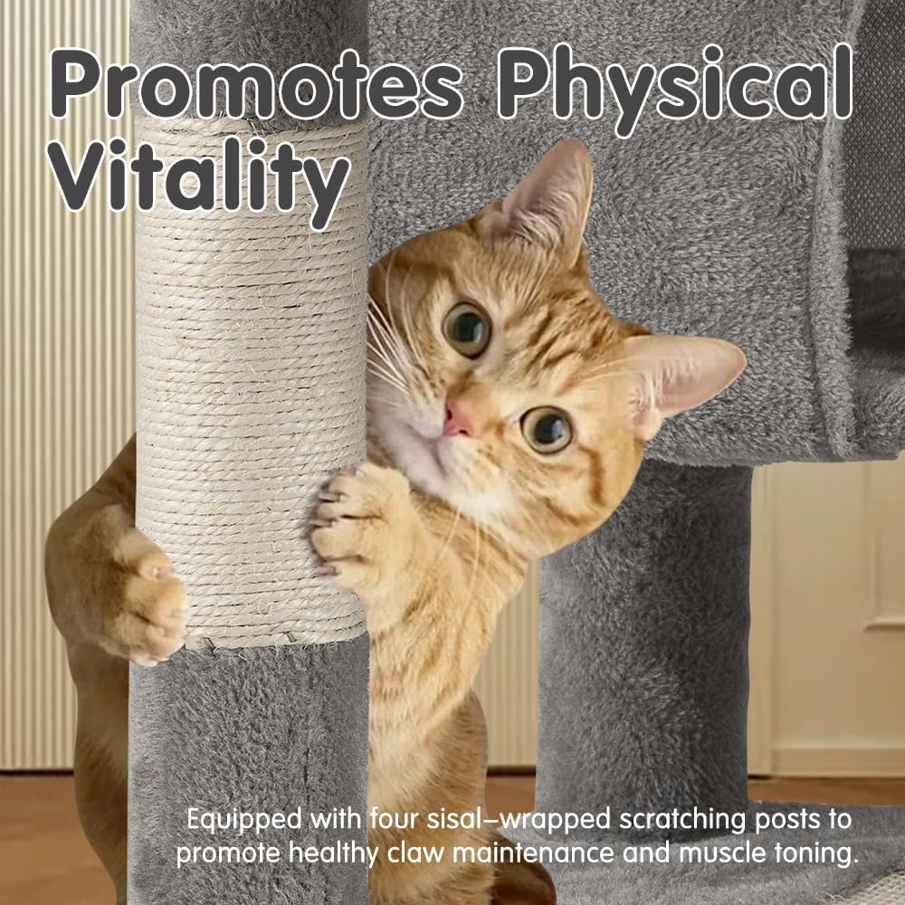 Cat Tree, 180CM Tall Cat Tree Tower for Large/Big Cats, Climbing Cat Tower Multi-Level Furniture Activity Center with a Large Hammock, Cat Condo and 4 Sisal Scratching Posts, Light Gray image number 4