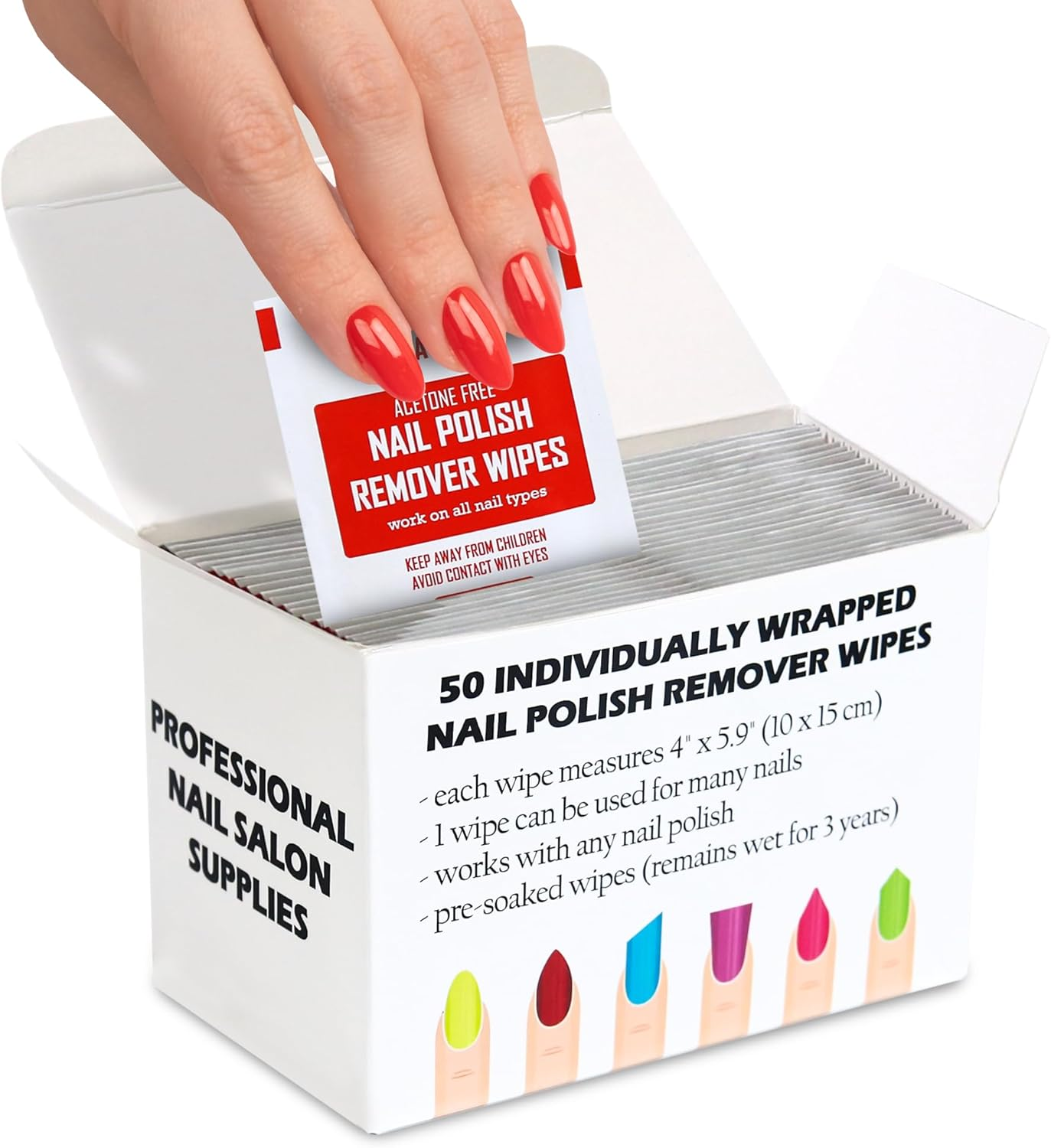 Nail Polish Remover Pads - 100% Non-Acetone - 50 Pack Bulk Set - Individually Wrapped - Quick Nail Polish Remover Wipes - Fingernail Travel Kit to Clear Nail Polish for Home & Professional Removal