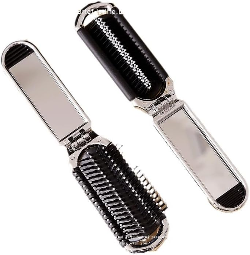 Travel Hair Brush with Mirror Folding Hair Massage Comb Compact Portable Hair Brush for Purse Wet & Dry Detangling (Style 1, One Size) image number 4