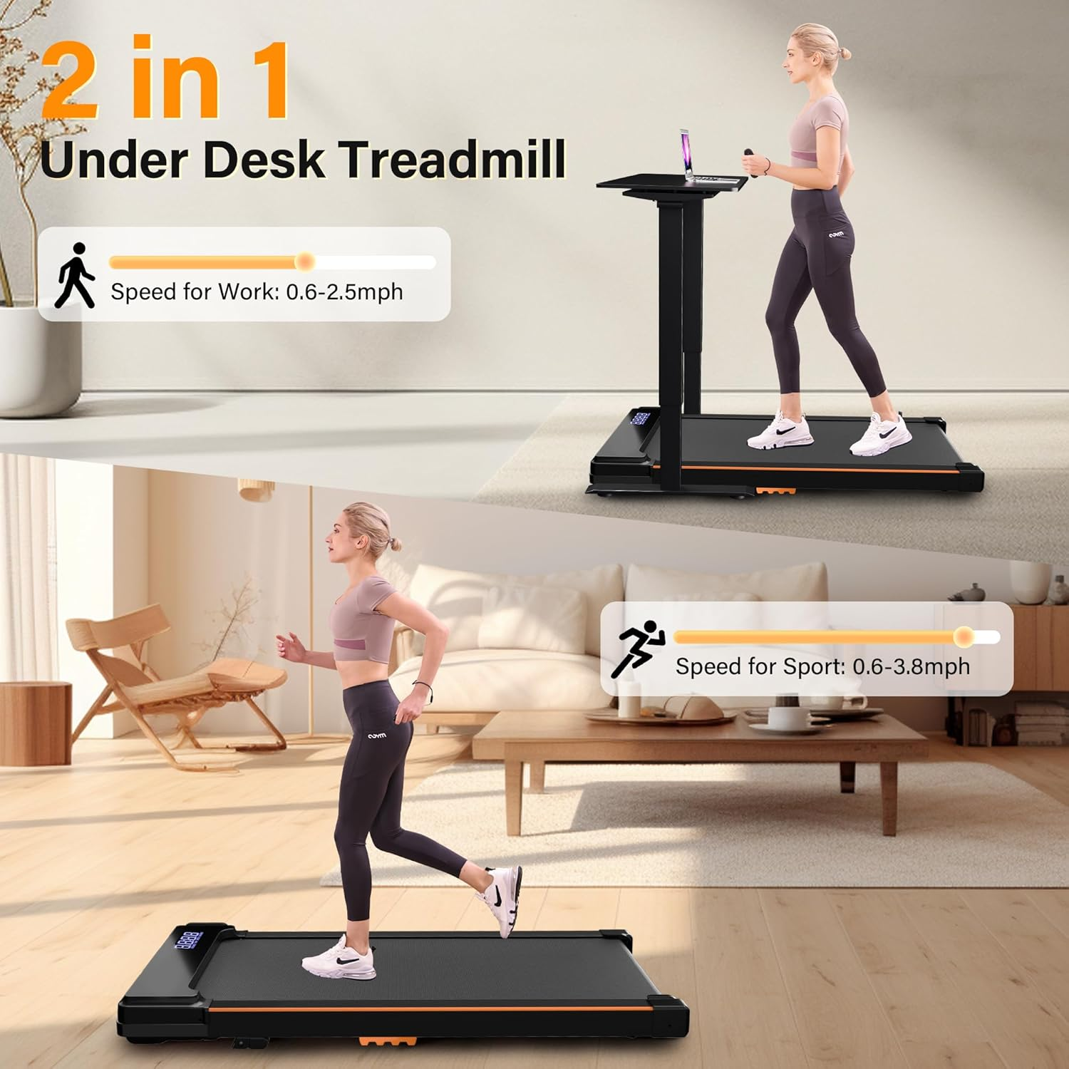 ACTFLAME Walking Pad under Desk, Portable Treadmill for Home and Office, 2 in 1 with Remote Control, 120KG Capacity, 2.5HP Compact with LED Display for Running - White image number 5