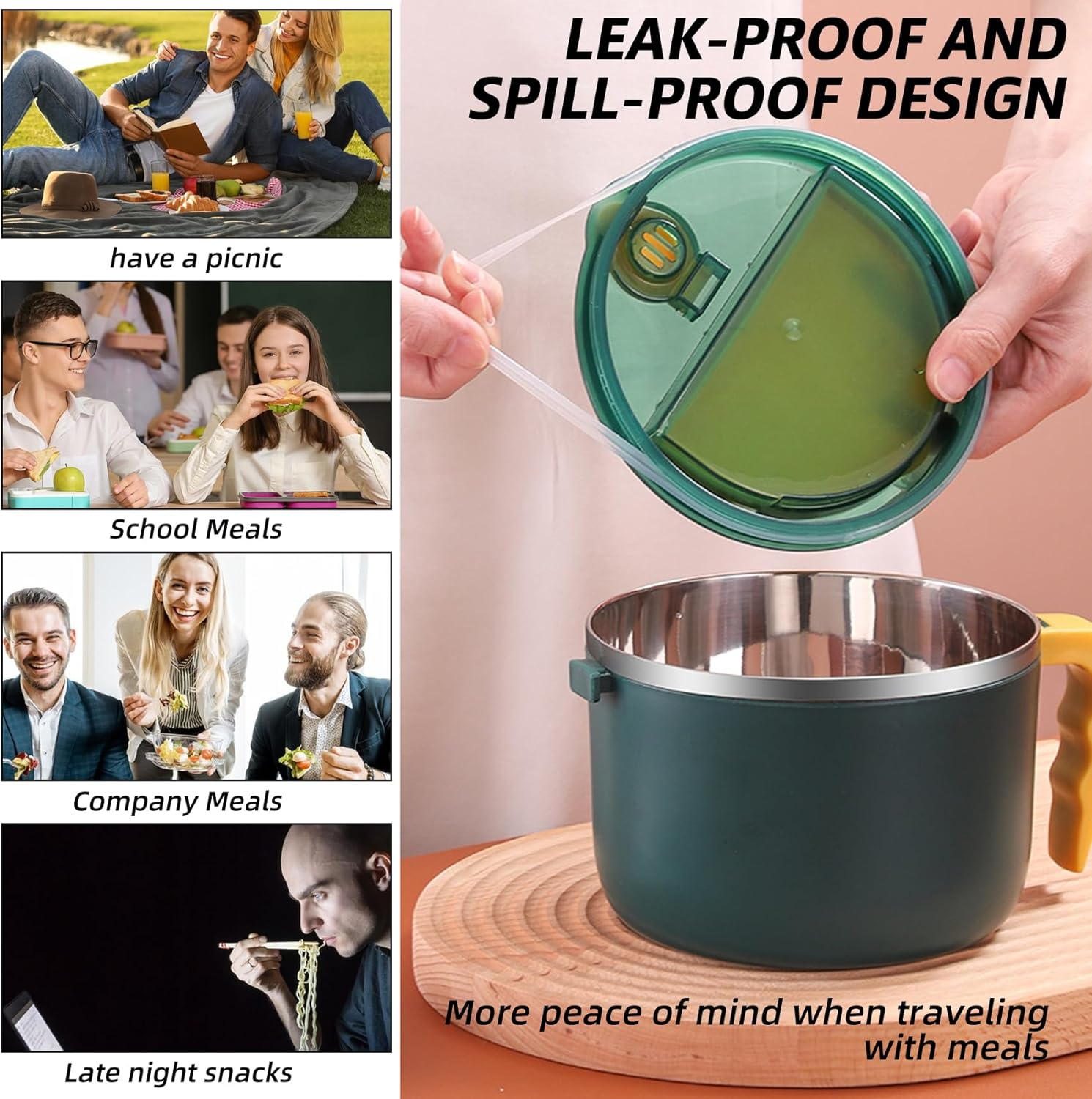 Stainless Steel Ramen Bowl with Lid, Handles, and Foldable Spoon - BPA Free, Dishwasher Safe, Portable Rapid Cooker for Instant Noodles (Not Microwave Safe) image number 1