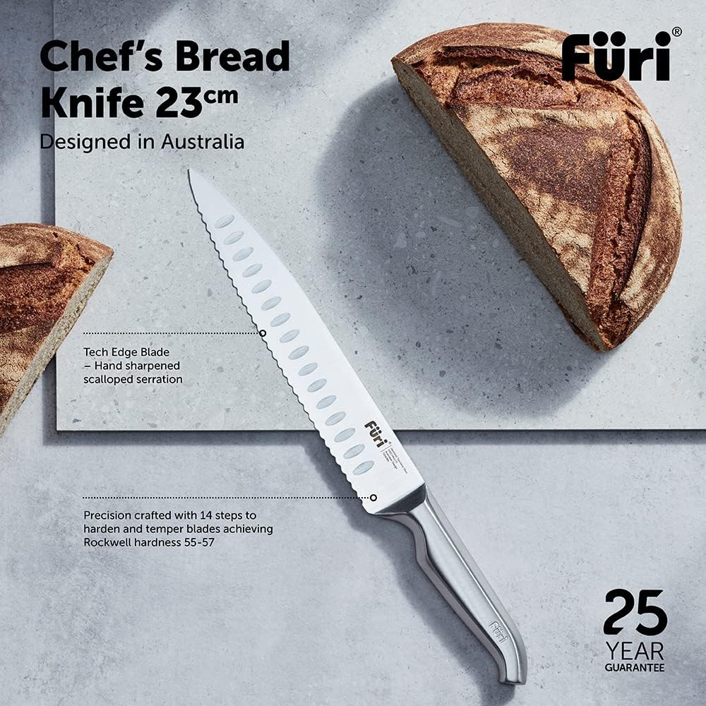 Furi Pro Chef'S Bread Knife 23Cm, 9 1/16", Long Stainless Steel Blade with Rounded Serrations for Effortlessly Slicing Large Loaves without Tearing, Reverse-Wedge Handle, 25-Year Guarantee, Silver