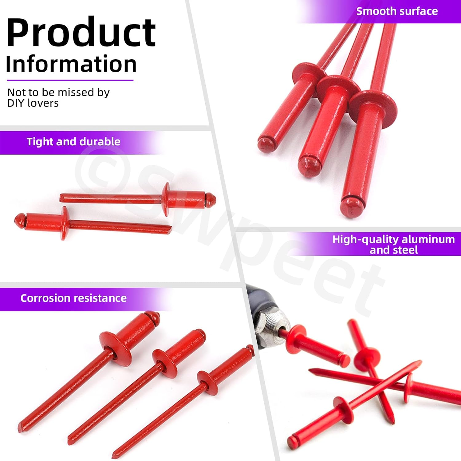 Swpeet 130Pcs 7 Sizes Red Large Flange Aluminum Blind Rivets Assortment Kit, Blind Pop Rivets Aluminum Grip and Steel Mandrel Blind Rivets for Metal, Furniture, Automotive - Red image number 6