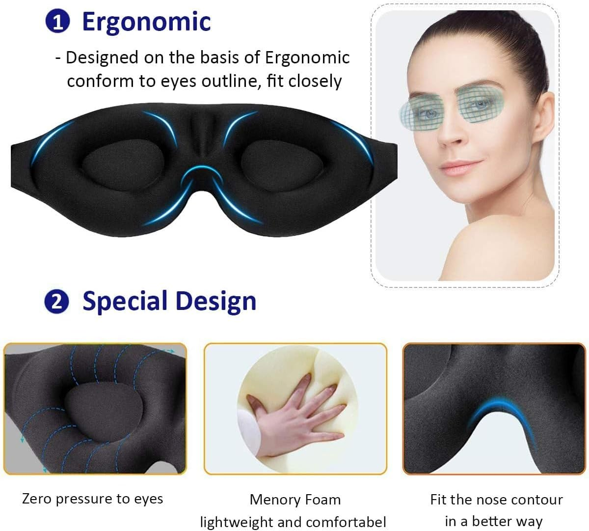 3D Sleep Mask and Noise Reduction Earplugs &ndash; Super Soft, Reusable Hearing Protection for Women and Men- Blackout Eye Mask for Sleeping Blissfully image number 3