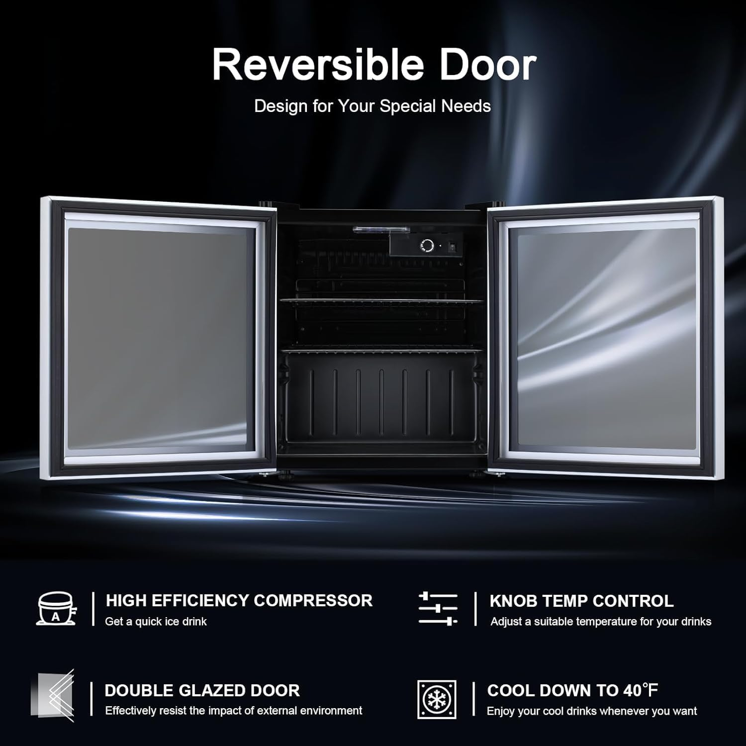 Glass Door Bar Fridge 46L Beverage Refrigerator, Freestanding Ultra Cool Mini Drink Fridge, Small Drink Dispenser Machine Black image number 5